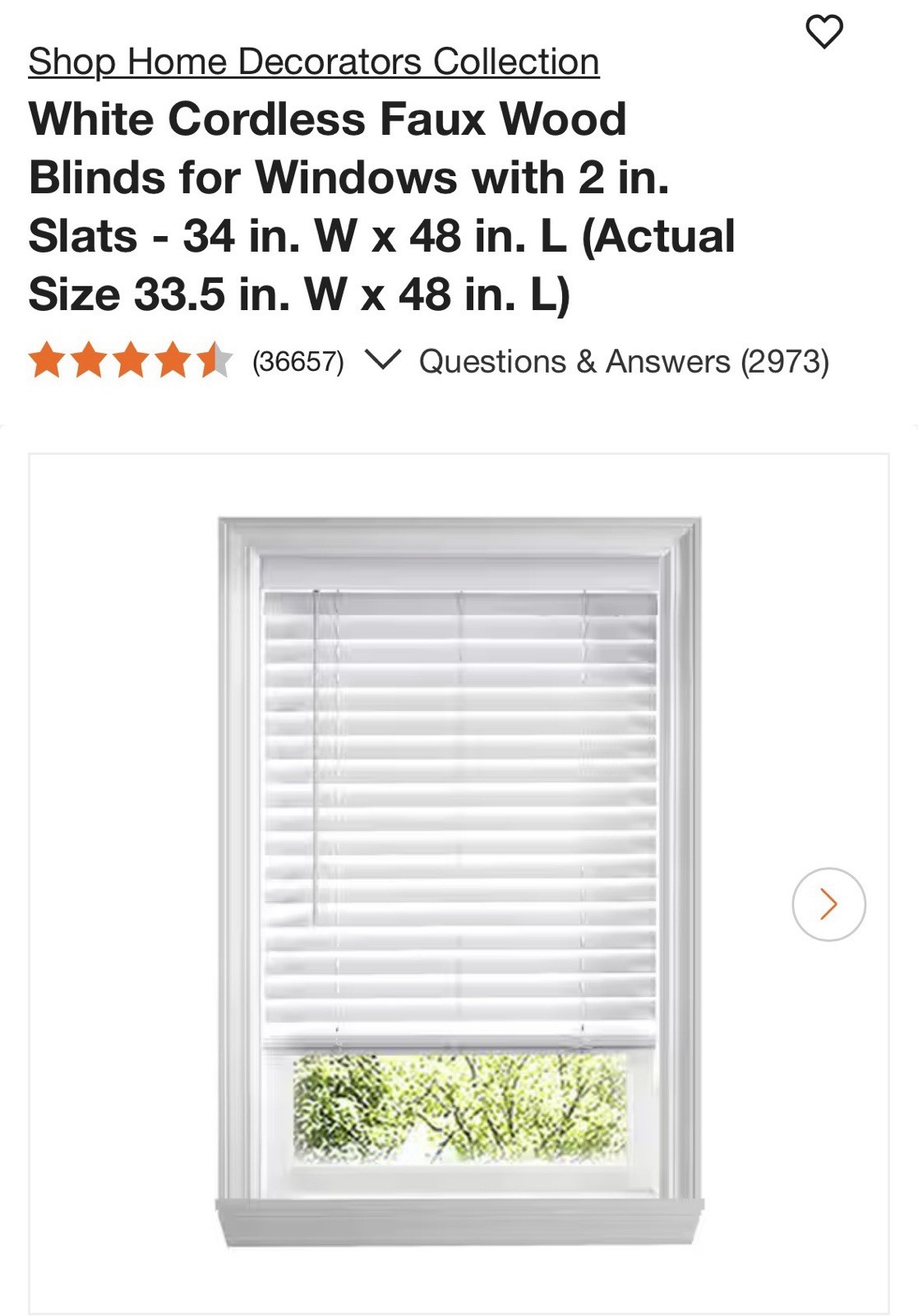 New Cordless Faux Wood Blinds White 34″x48″ 2″ Slats