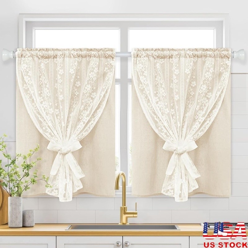 Double Layered Lace Linen Kitchen Curtains Light Filtering Window Treatment Set