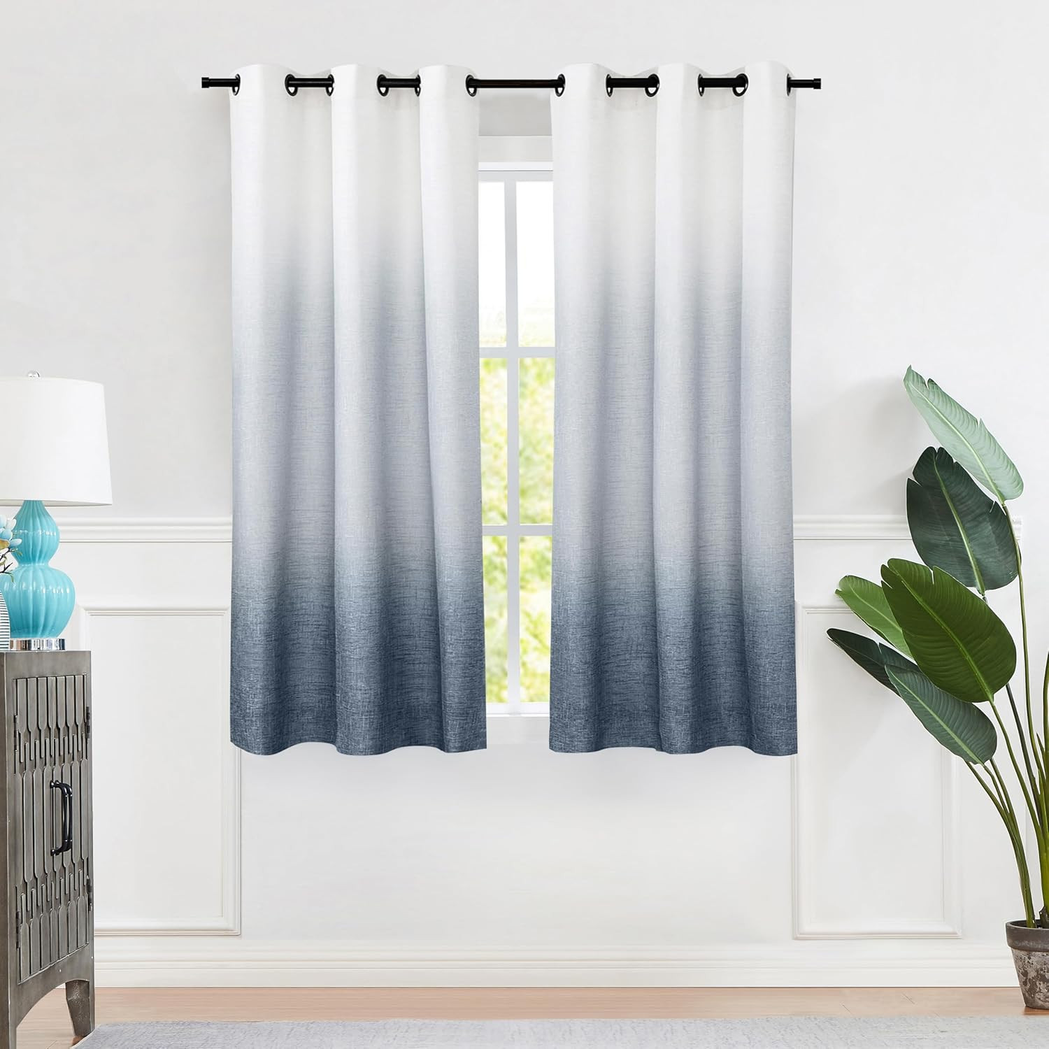 Ombre Window Curtain Panel Linen Gradient Print on Rayon Blend Fabric Drapery Tr