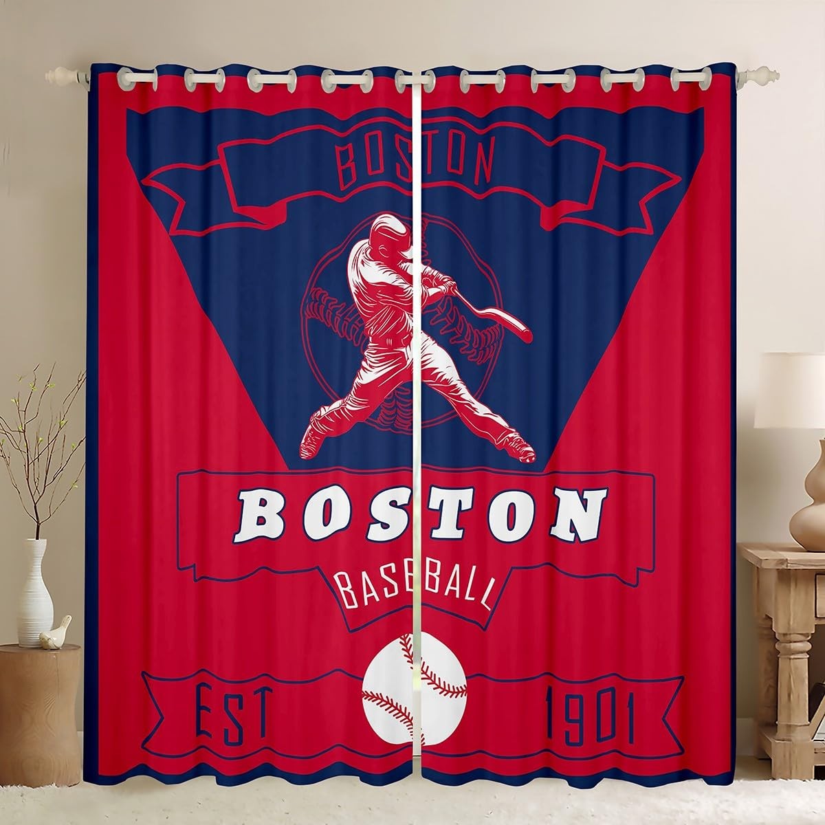 Feelyou Boys Baseball Curtains for Bedroom Living Room Boston Blackout Darken…