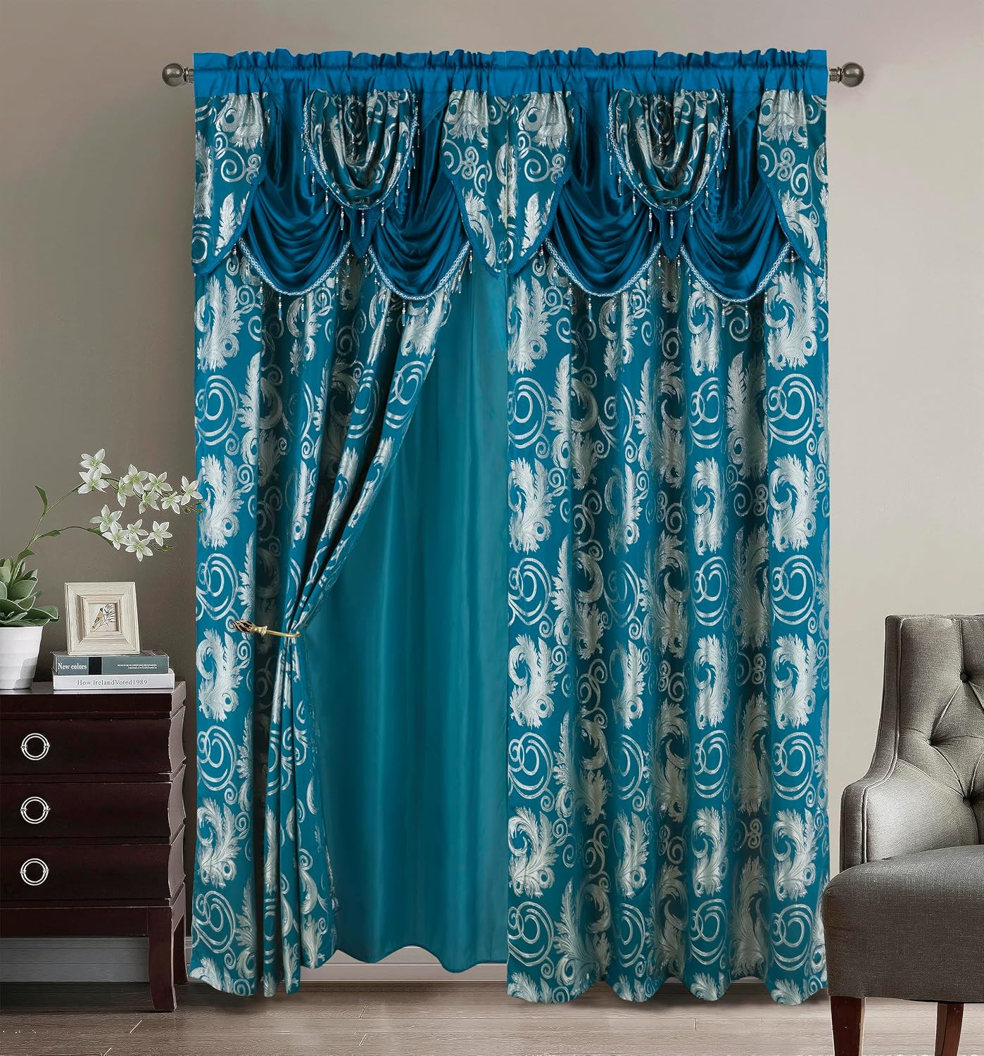 Jacquard Luxury Window 2 Panel Set Turquoise Curtain with Attached Valance and B
