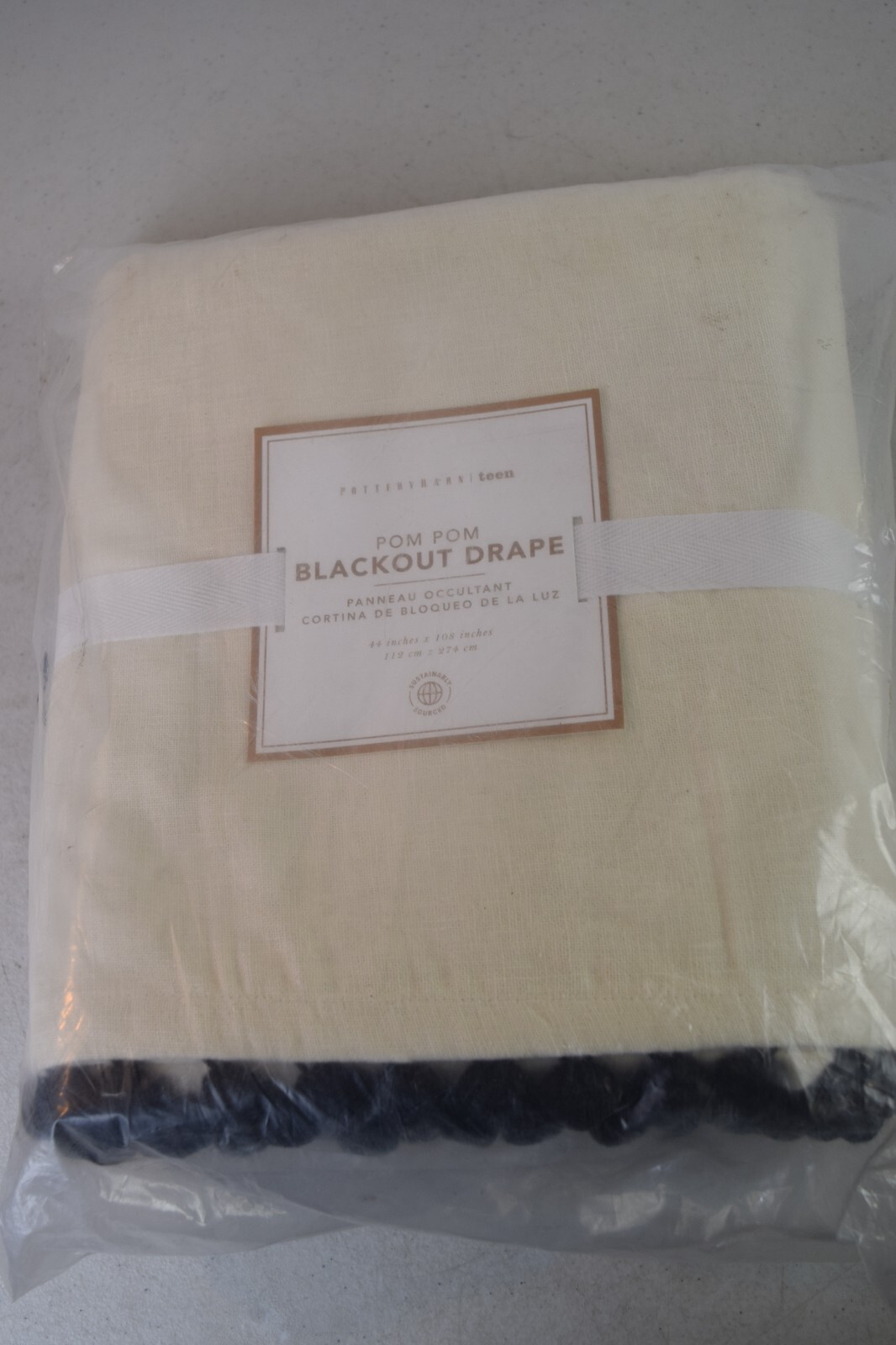 Pottery Barn white panel with mint green Pom Pom Blackout curtain 44″ X 96