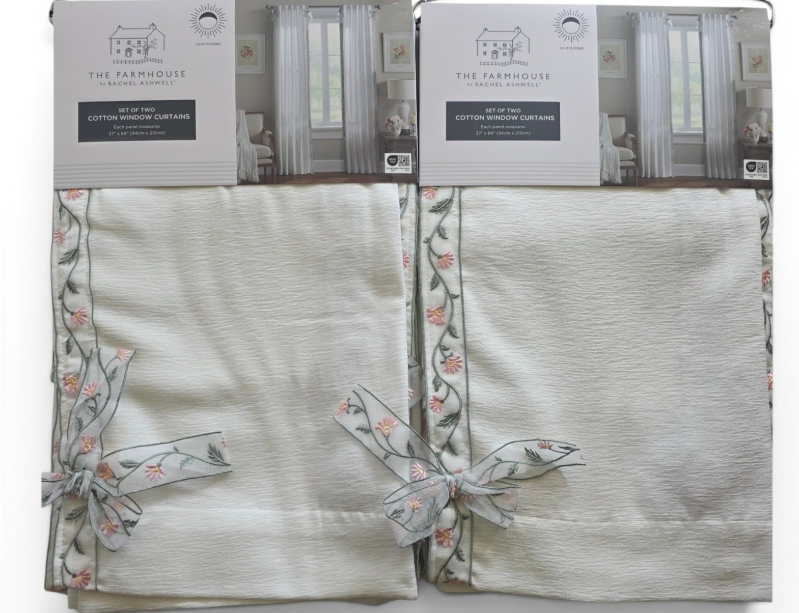 NEW Rachel Ashwell Farmhouse Bow Embroidered Curtains Set of 4 Ivory 37×84