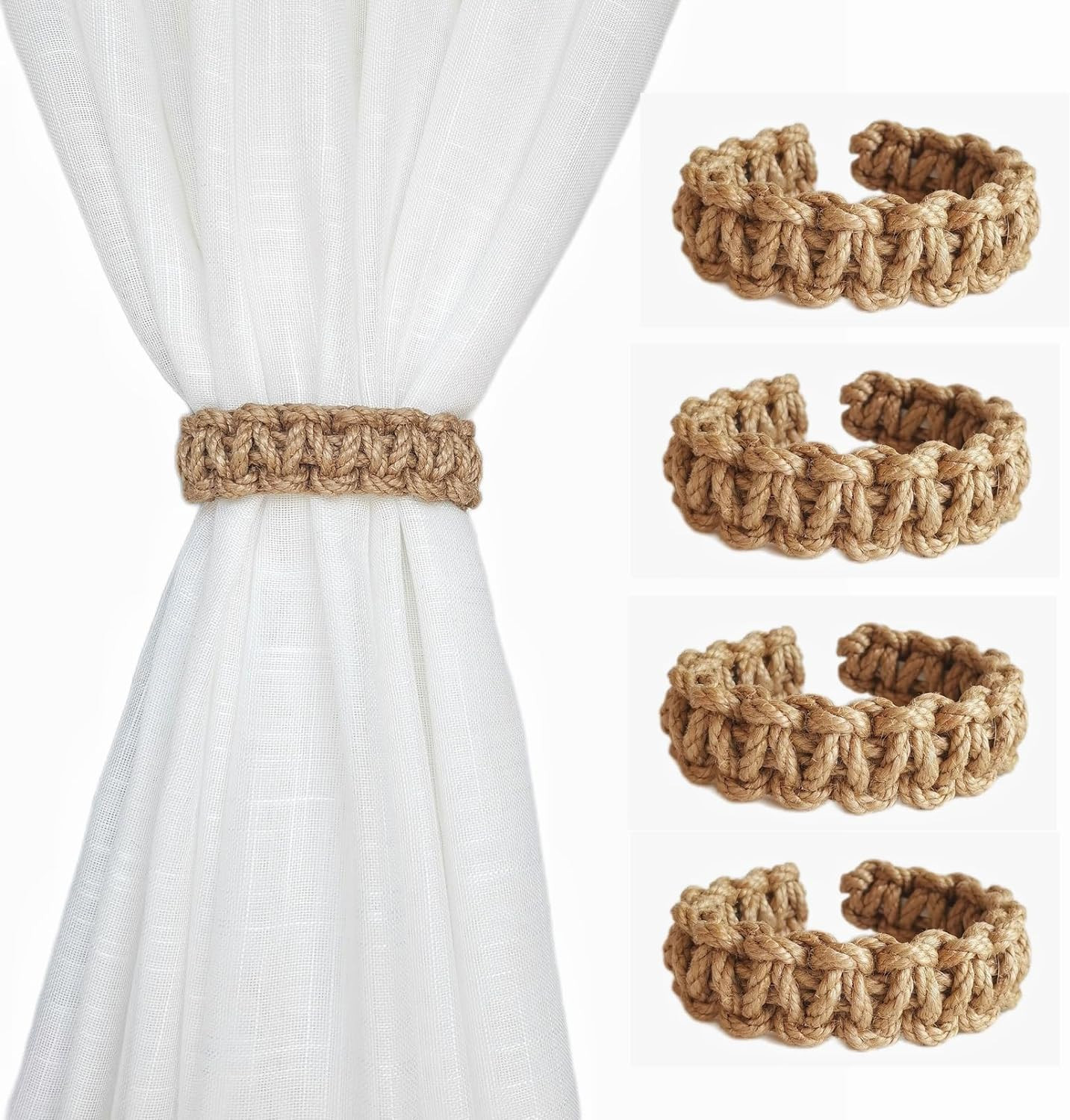Braided Outdoor Curtain Tiebacks for Drapes, Rustic Curtain Holdbacks 4 Pack, Ha