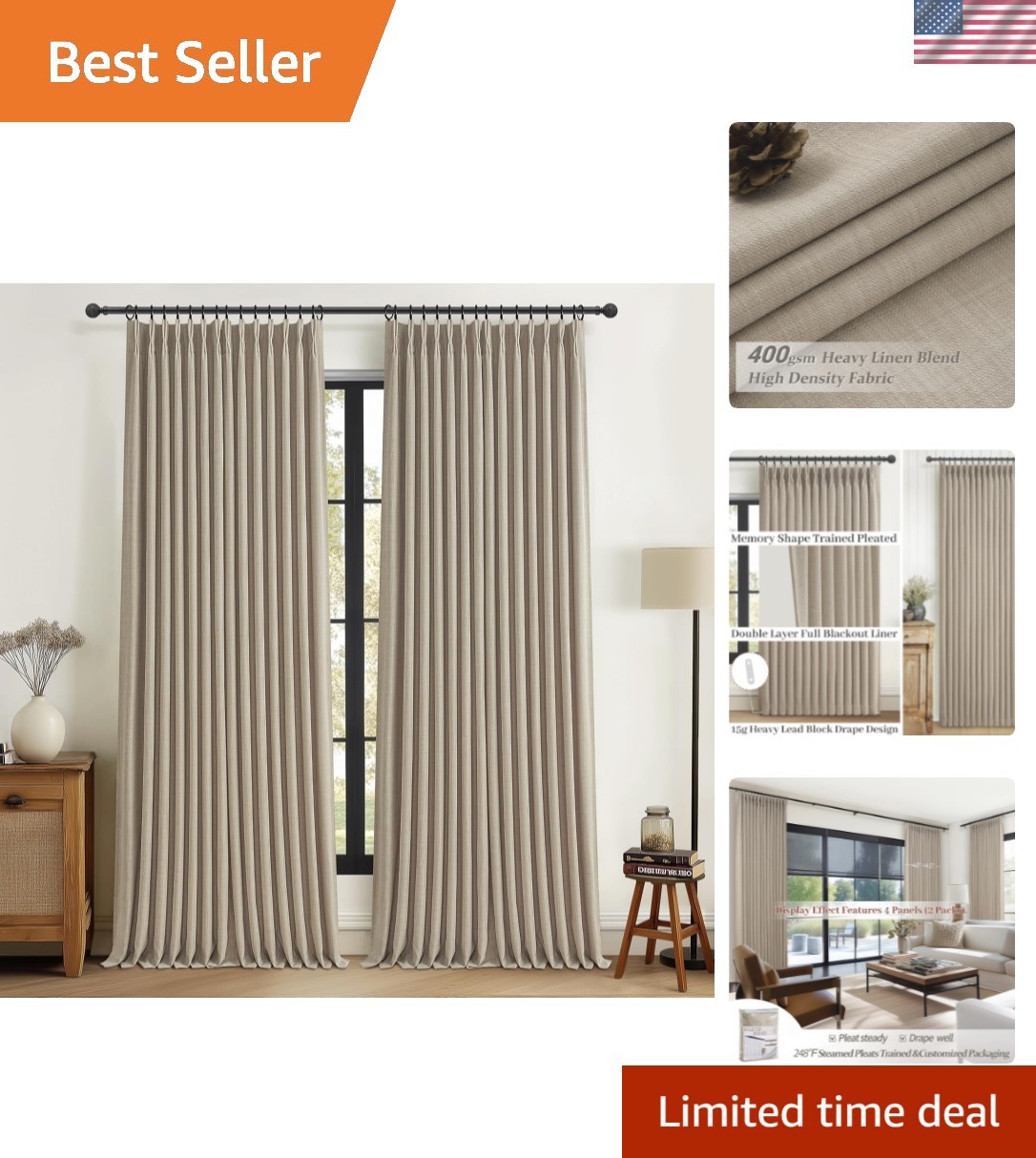 Pinch Pleated Drapes Linen Room Darkening Curtains 96 Inches Long for Bedroom…