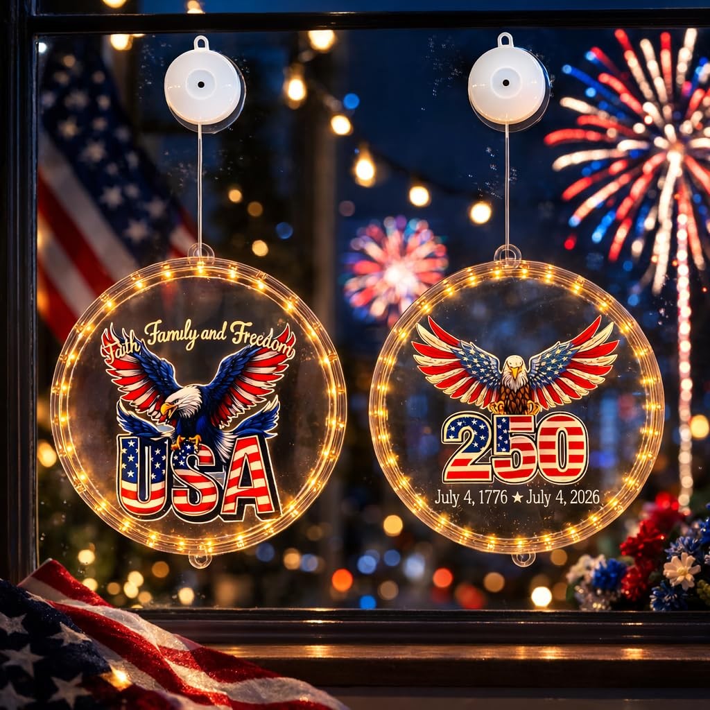 4Th of July Window Lights, Patriotic Lights with Suction Cups and 8 Flashing Mod