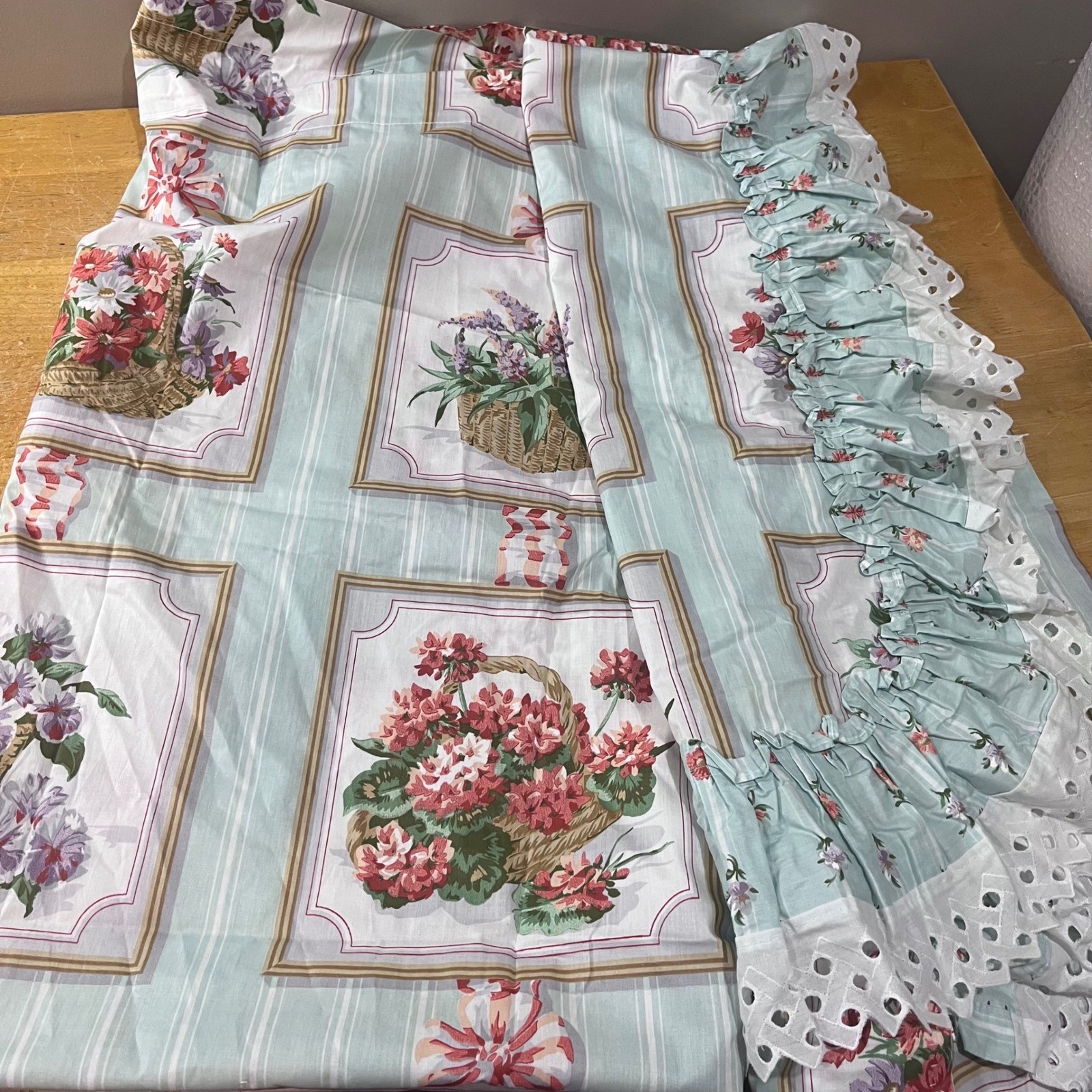 Vtg Cottagecore Floral Basket Ruffle Eyelet Curtain Panels Blue Stripe Set of 2