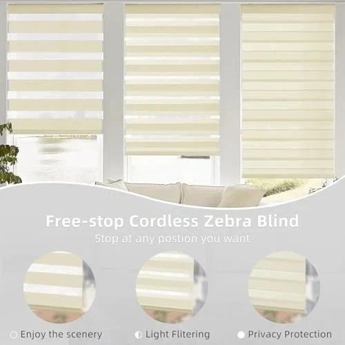 Cordless Zebra Blinds for Windows, Dual Layer Free-Stop 25″W x 72″H Beige