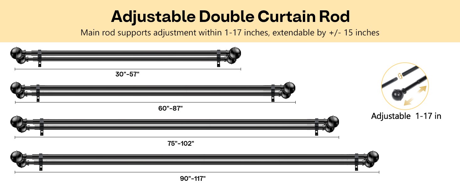 Adjustable Double ain Rods for Windows Set 30 to 57 Inch, Bla
