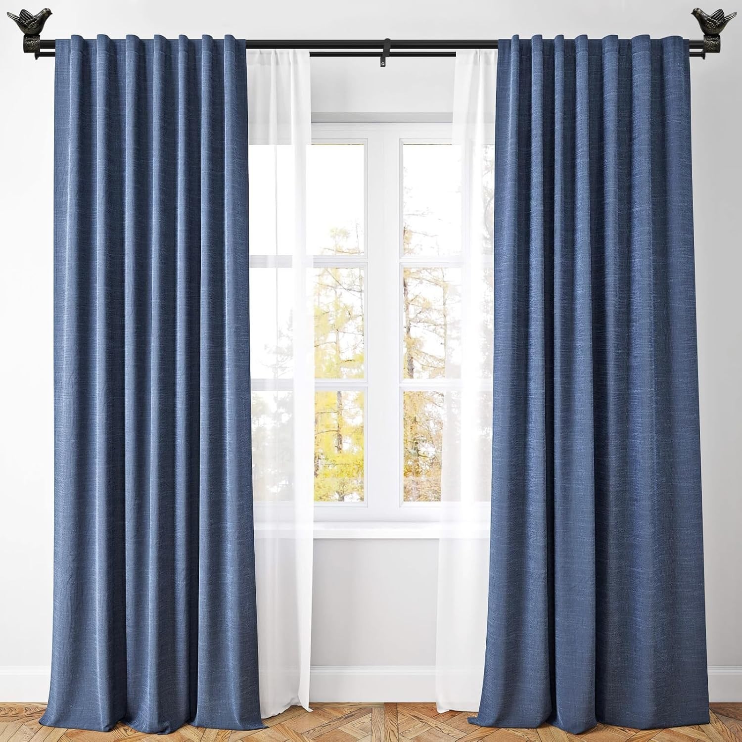 Double Curtain Rod with Bird Finial, Decorative Window Treatment Hardware Bla…