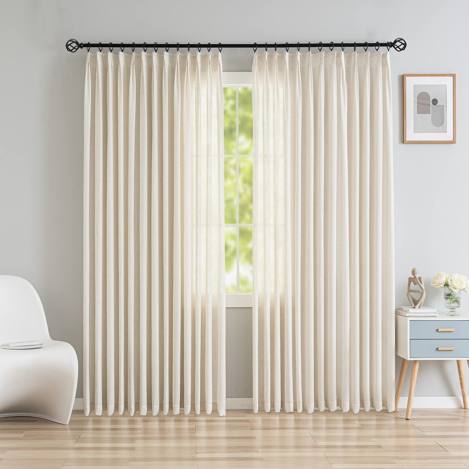 Oyring Pinch Pleated Curtains Light Filtering Faux Linen Curtains Semi Sheer