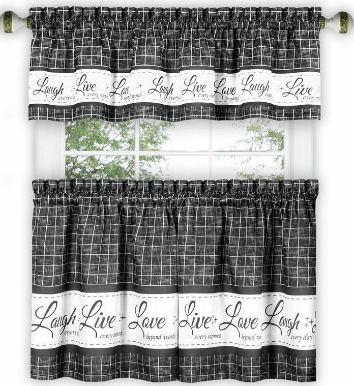 3 pc Curtains Set: 2 Tiers & Valance (58″ x 14″) LIVE LAUGH LOVE,charcoal, Achim