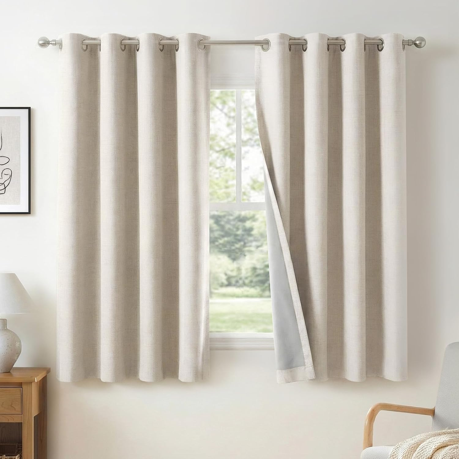 100% Blackout Shield Linen Blackout Curtains for Bedroom 45 Inches Long, Beige G