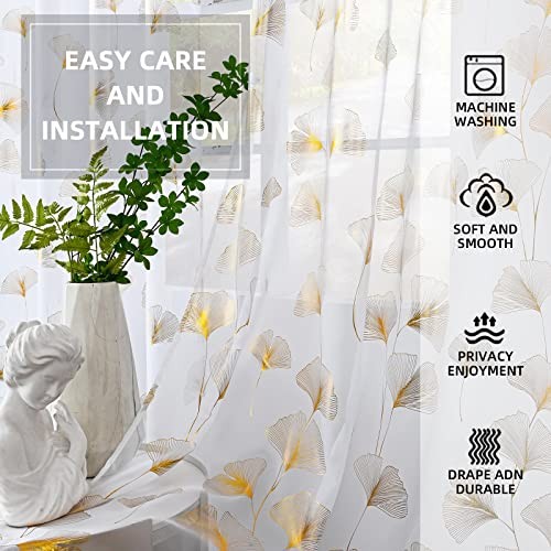 Gold Foil Print Voile Sheer Curtains, 52″W x 84″L (Pack of 2) Ginkgo/Gold