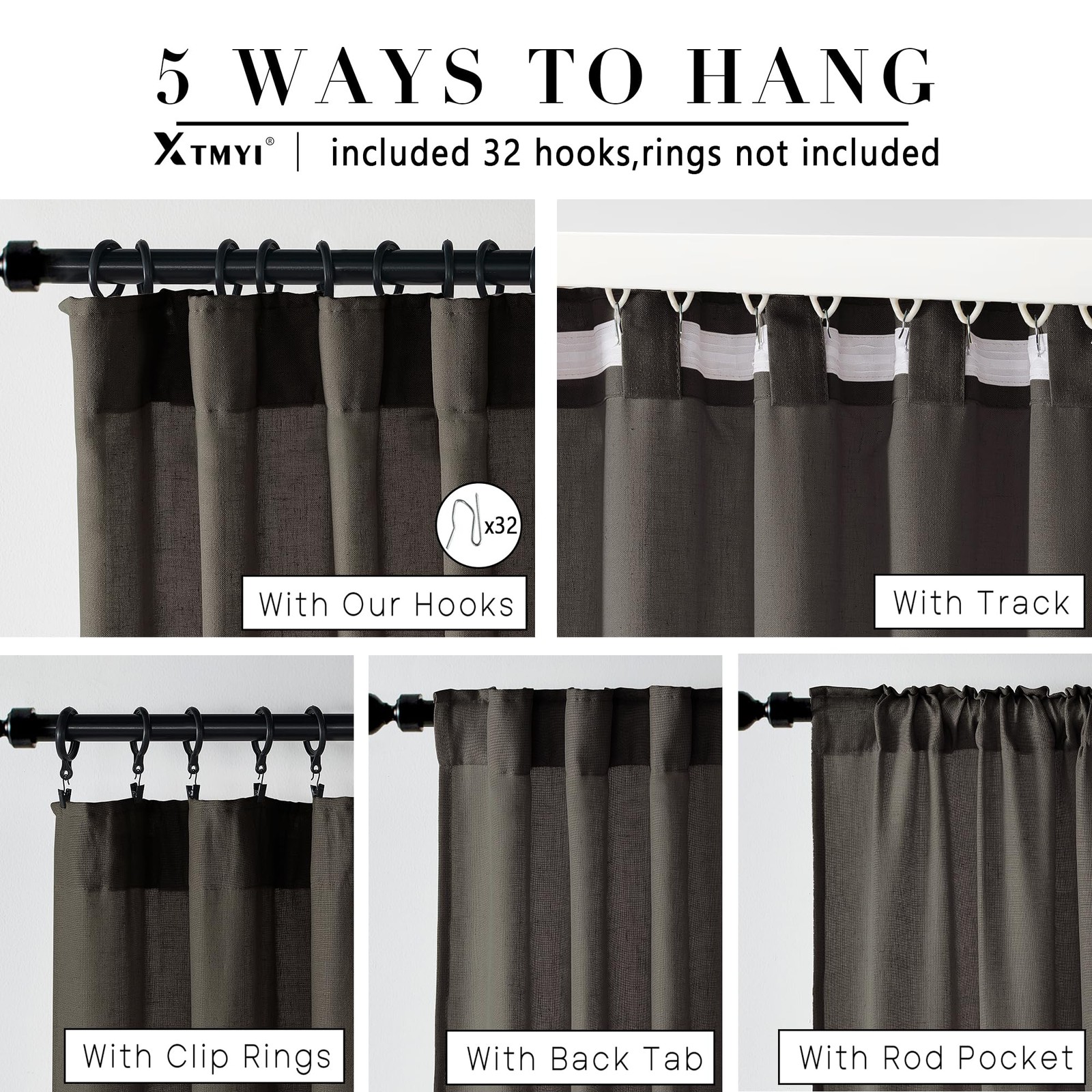 Chocolate Brown Curtains 96 Inches Long 2 Panel Set,Sheer Linen Pleated Back Tab