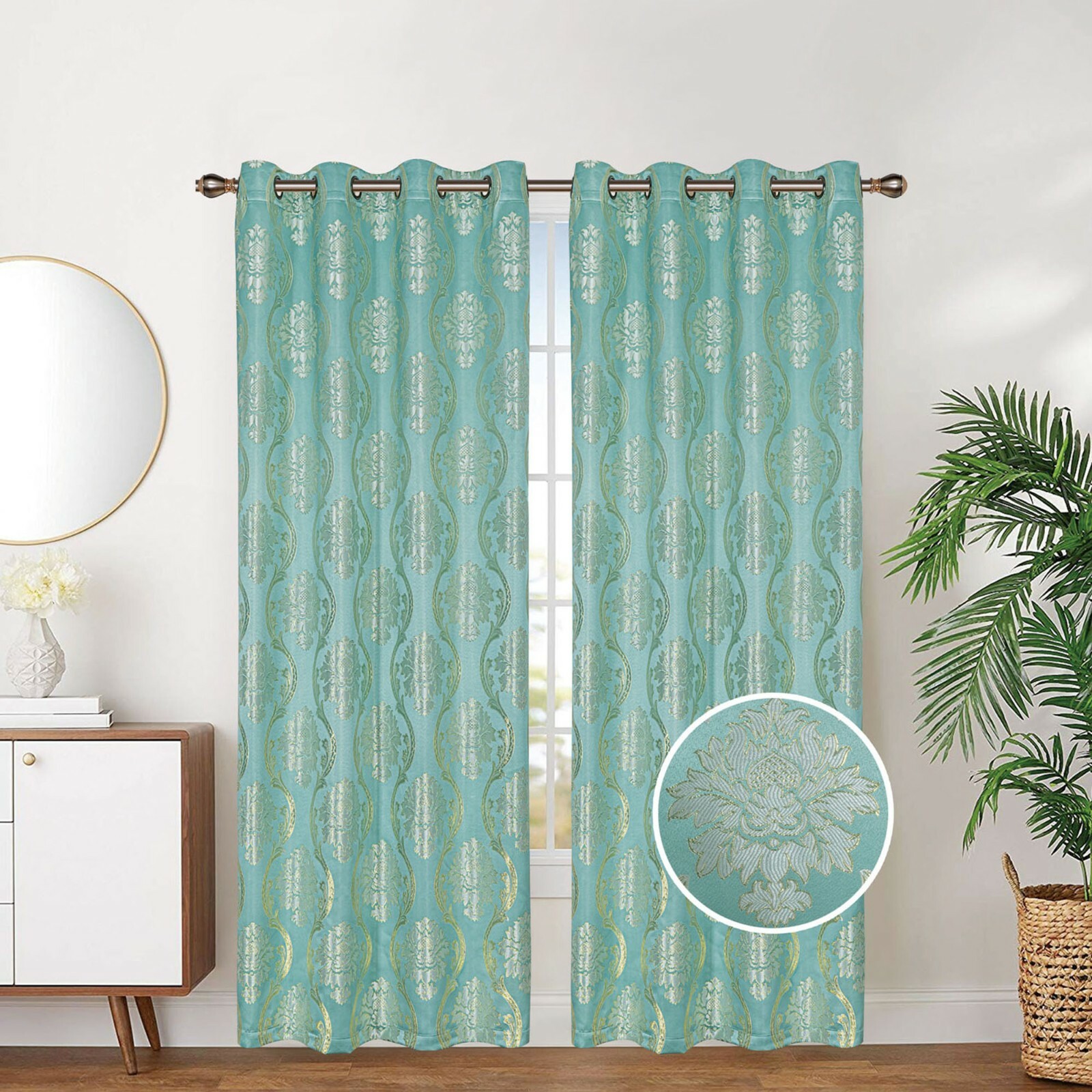 Two Panels Embroidered Floral Grommet Top Window Curtains Panel Drape 281032