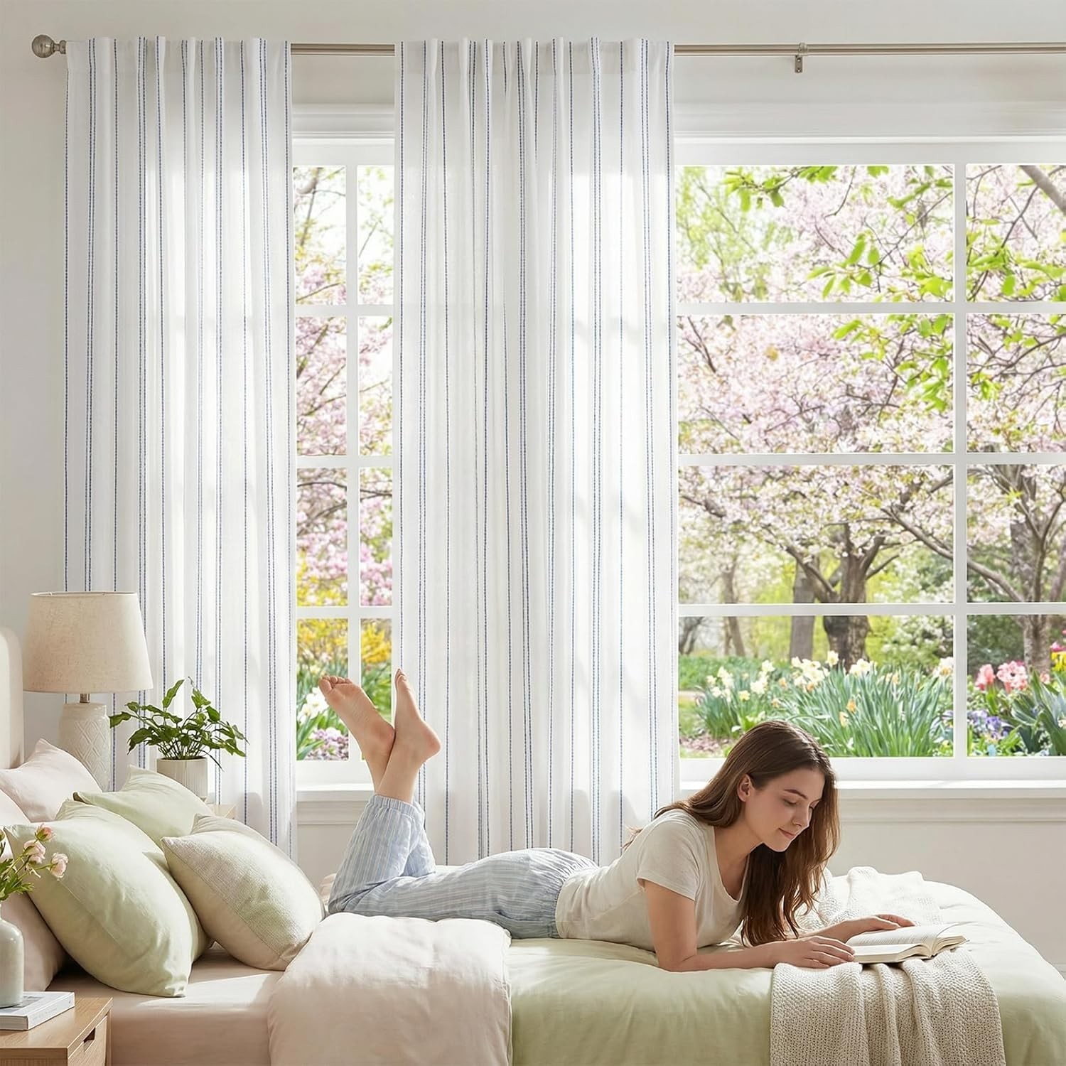 White & Blue Striped Curtains, 84″ Length – Stylish Window Treatment Pack of 2