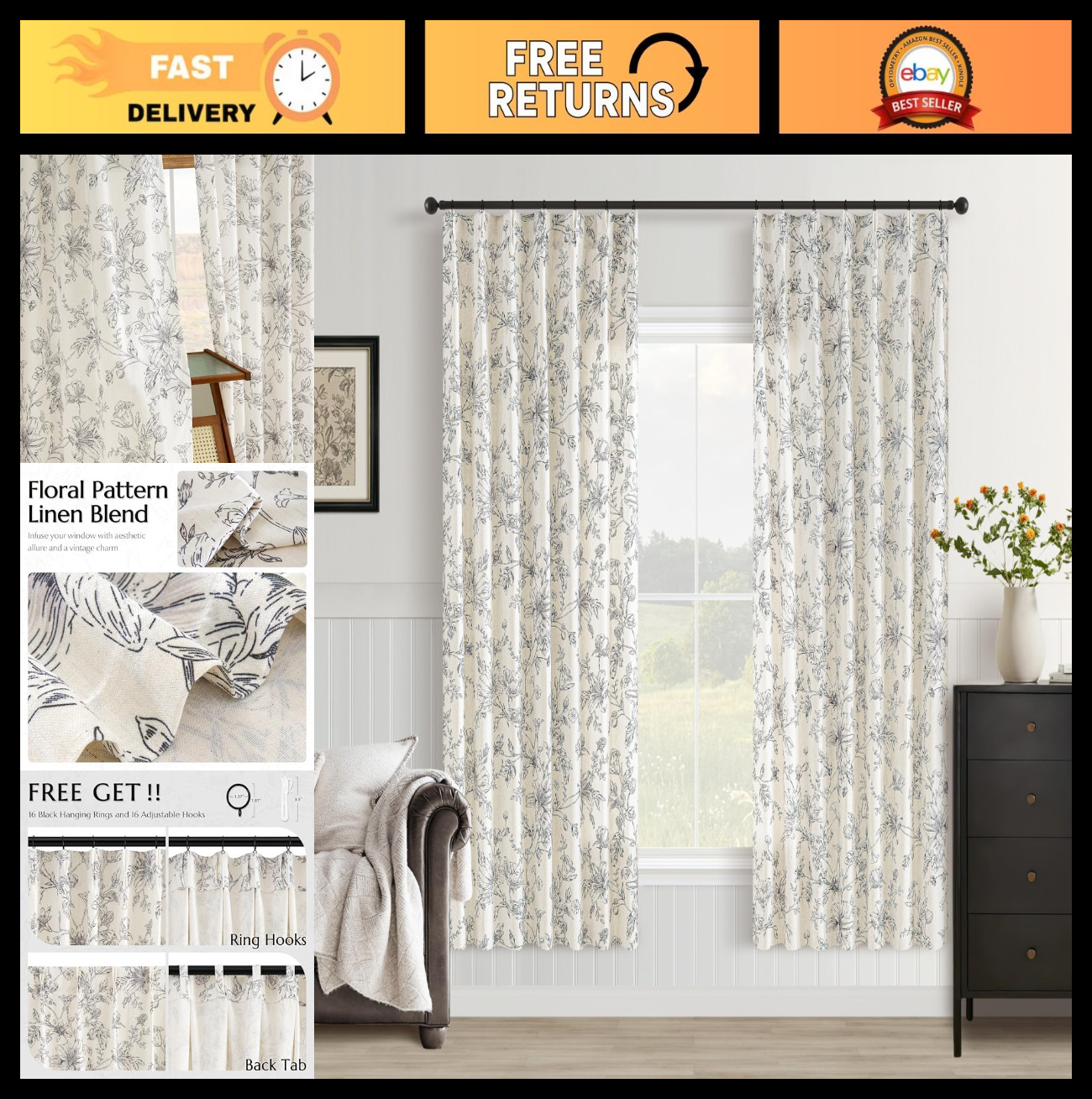 Floral Farmhouse Curtains 72″ Length, Pinch Pleated, Light Filtering, Vintage Pe