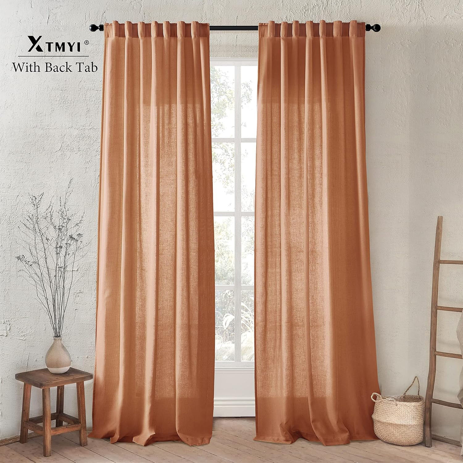XTMYI Terracotta Vintage Boho Curtains, Rust Colored Linen Sheer Rustic Farmhous