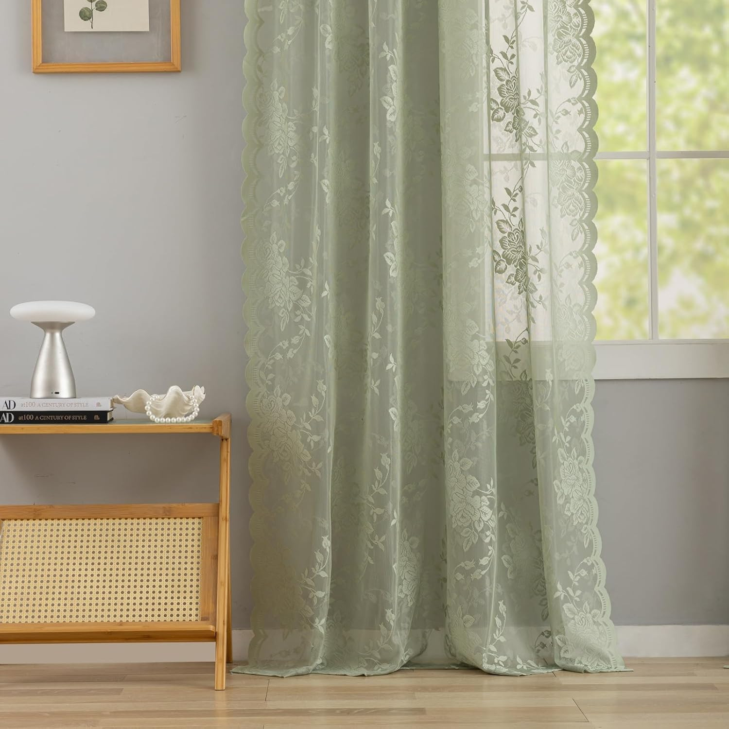 YJ YANJUN Sage Green Lace Curtains 45 inch Length Vintage Victorian Floral Sheer