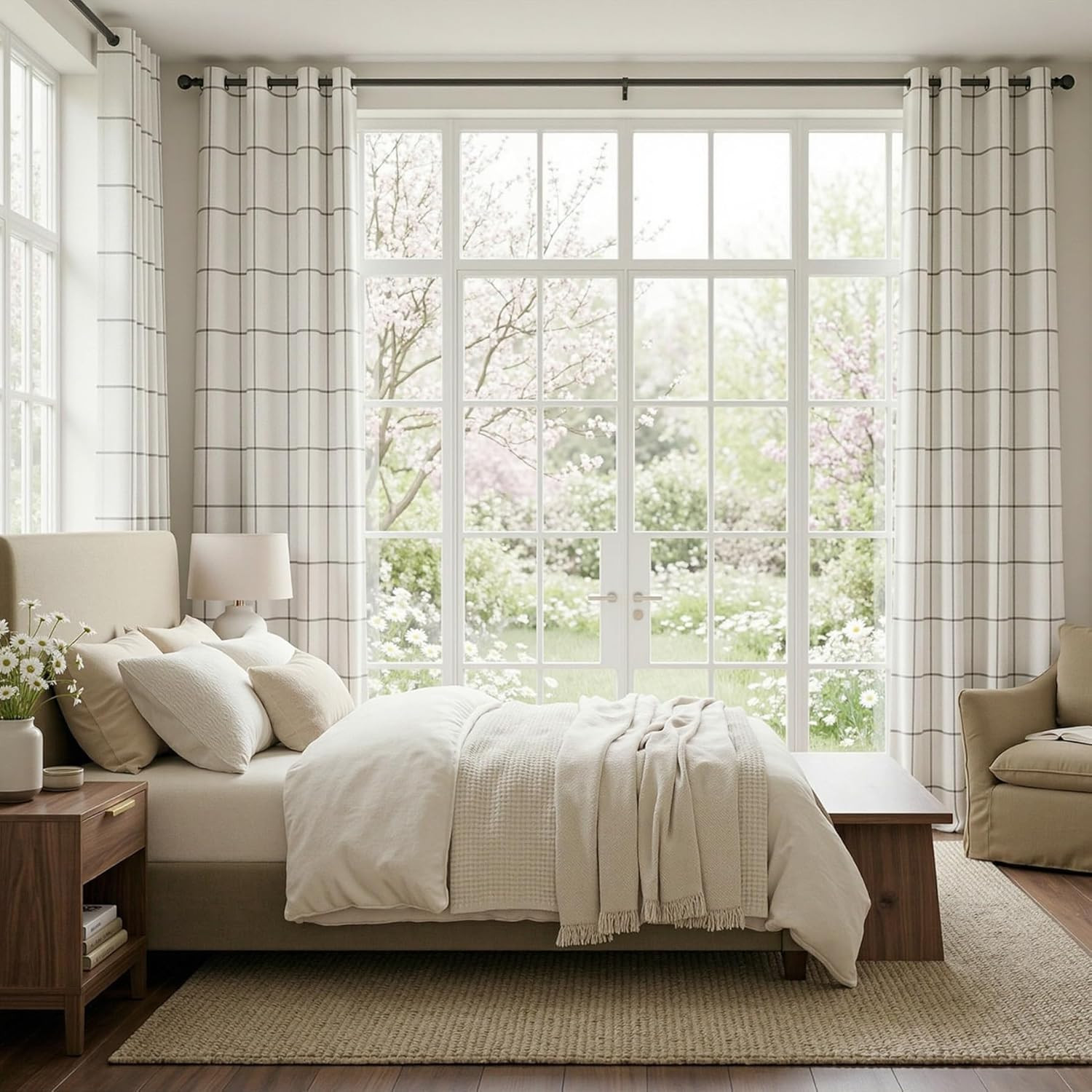 Blackout Plaid Linen Curtains 84″ Long – 2 Panel Set, Deep Grey