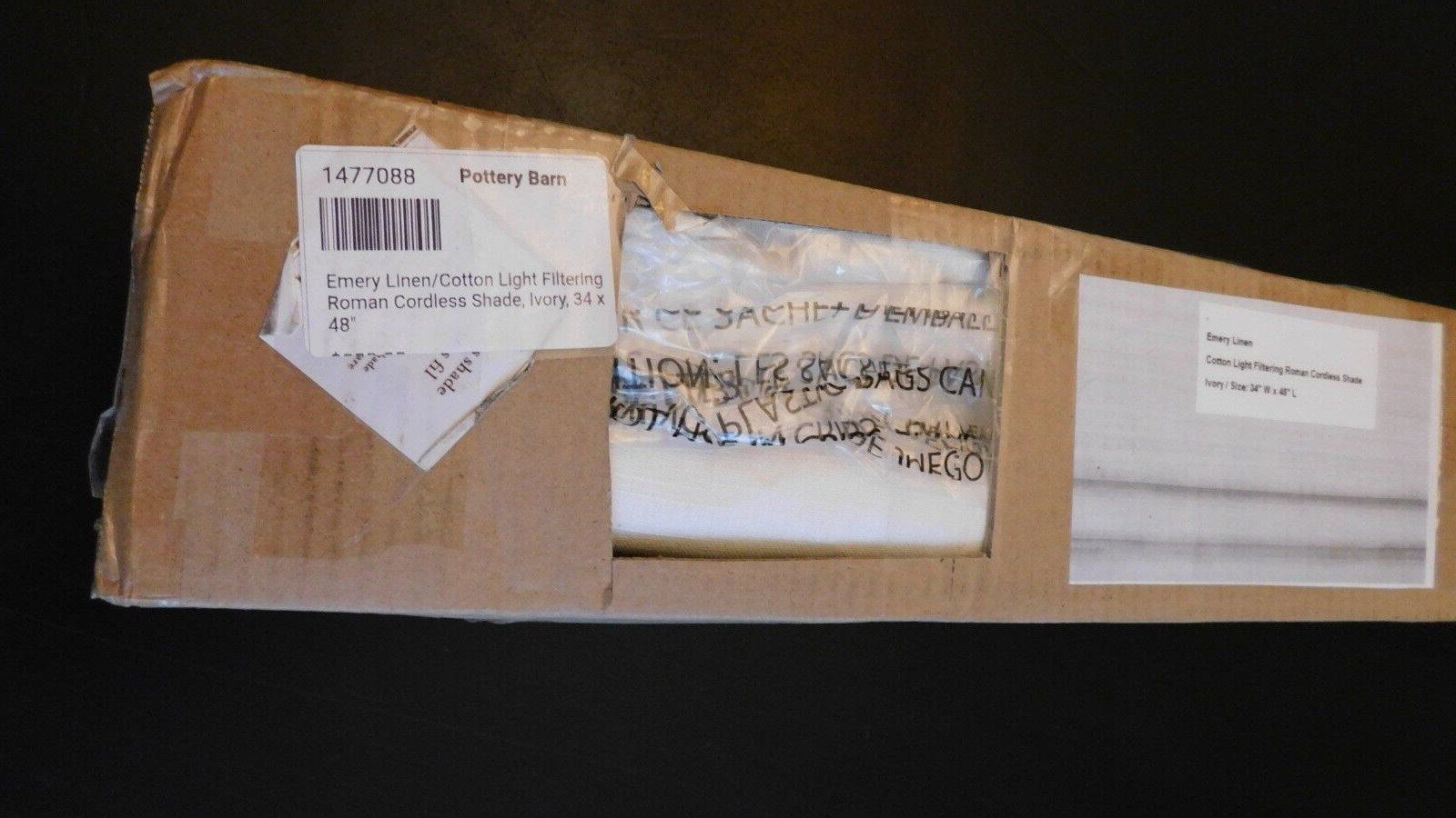 NEW in Box Pottery Barn Emery Linen Light Filtering IVORY Roman Shade 34 x 48