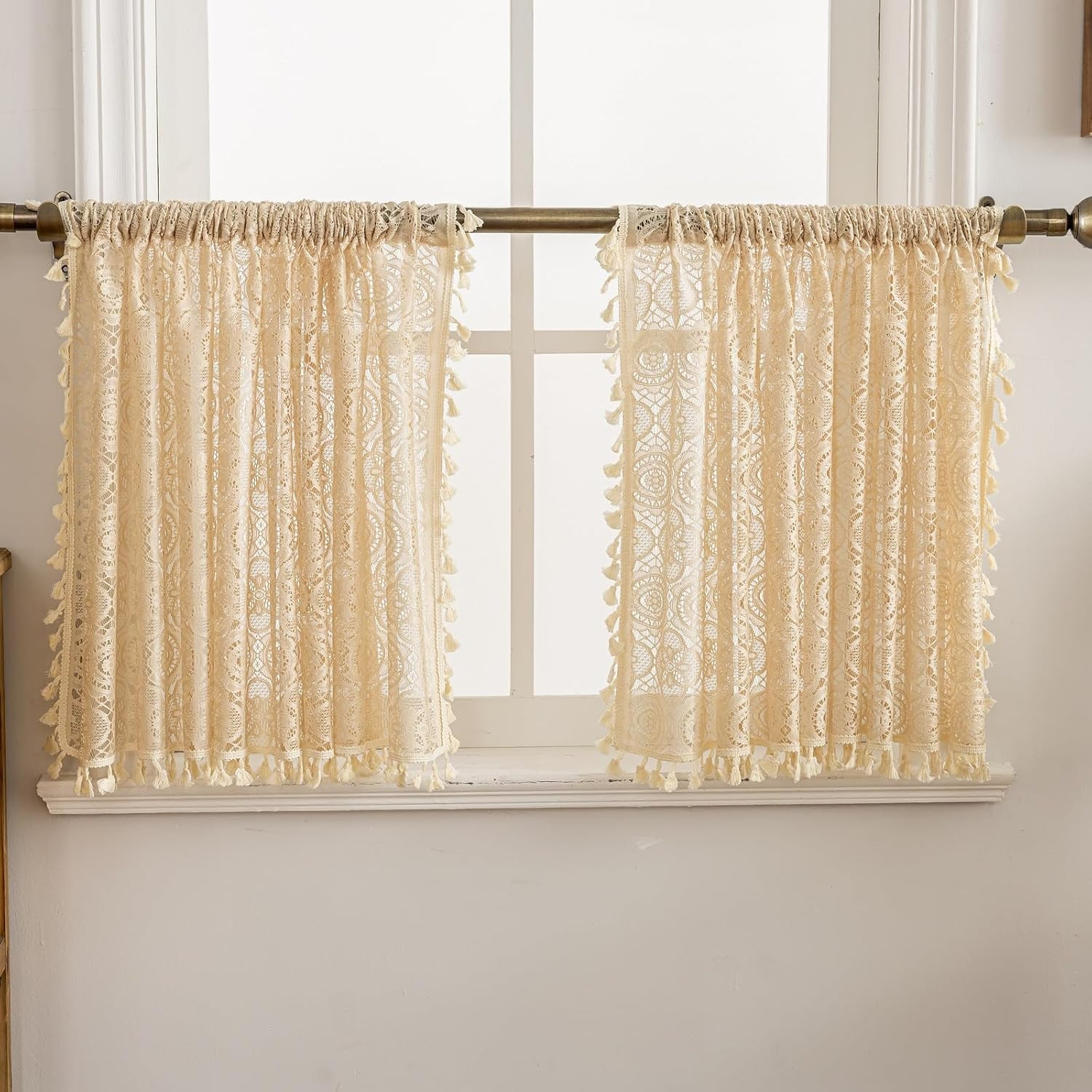 YJ YANJUN Boho Lace Curtains 24 inch Length 2 Panels, Vintage Floral Crochet She