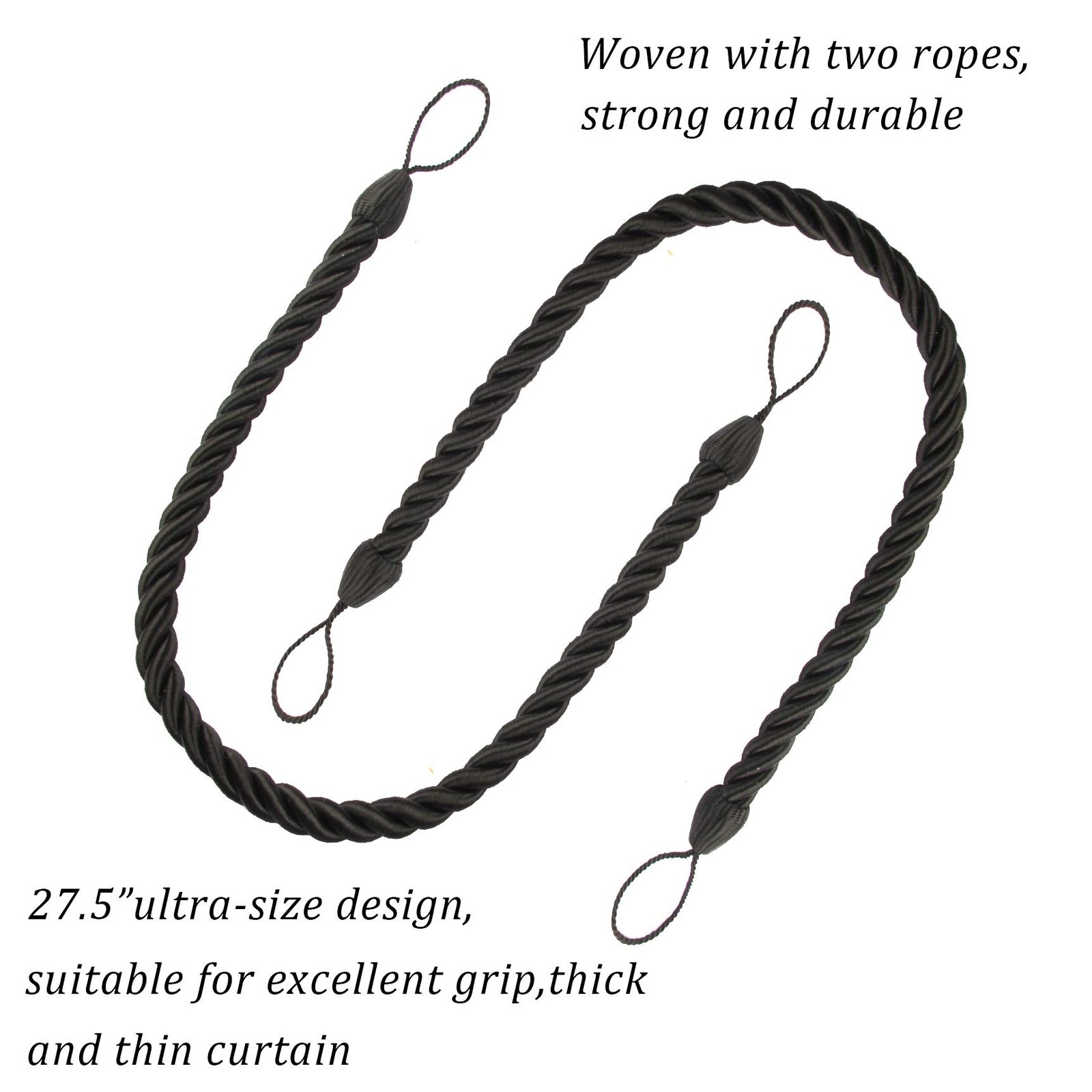 Curtain Tiebacks Ropes Tie-Backs, Handmade Curtain Holdbacks (Black, 2pack)