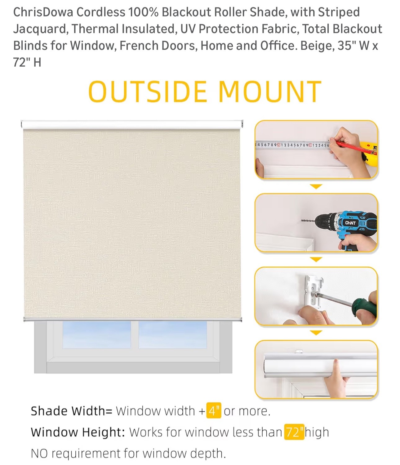 ChrisDowa Cordless Free-Stop 100% Blackout Blinds for Windows, 35”W x 72”L