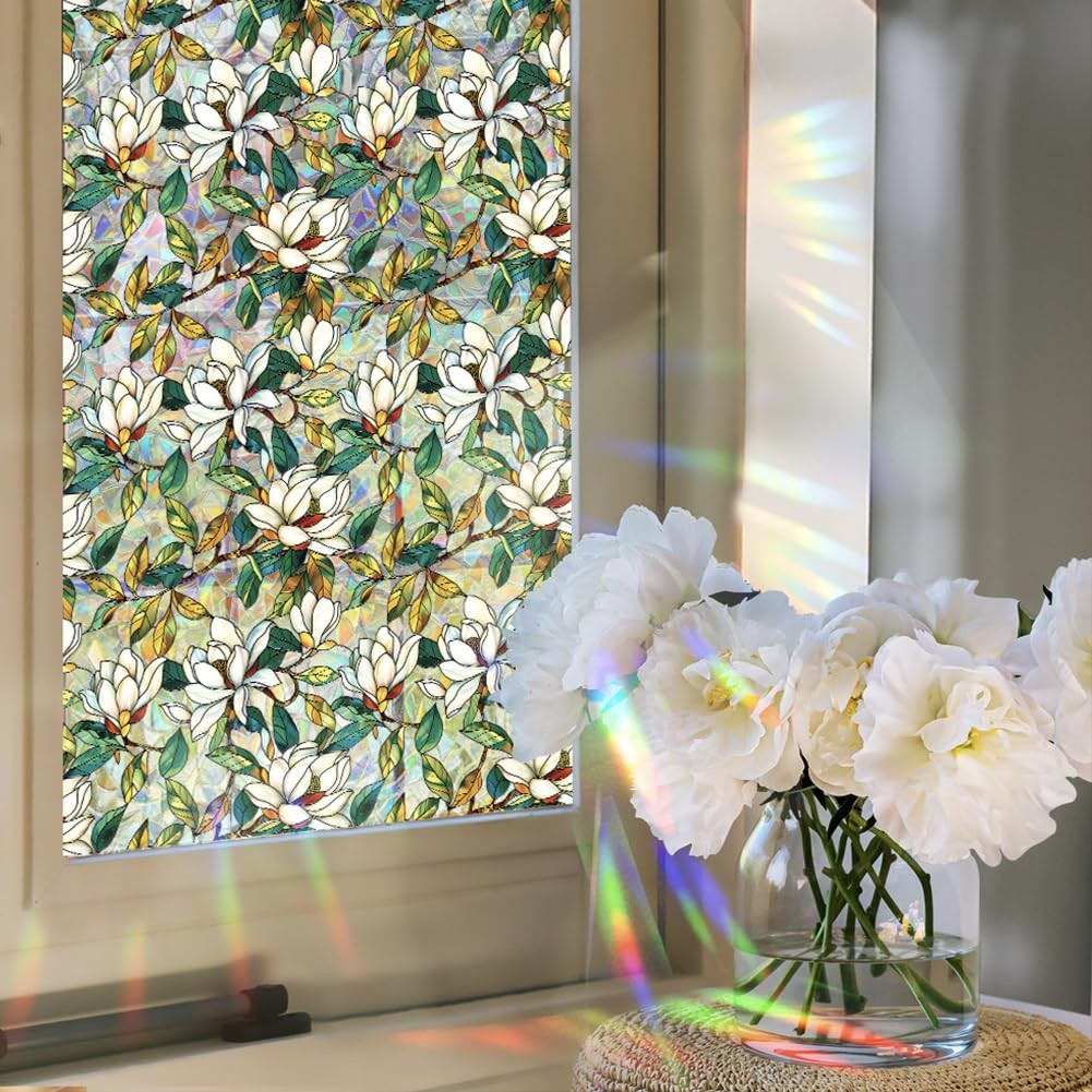 Stained Glass Window Privacy Film – Floral Static Cling Decor, 16.93×39.37″