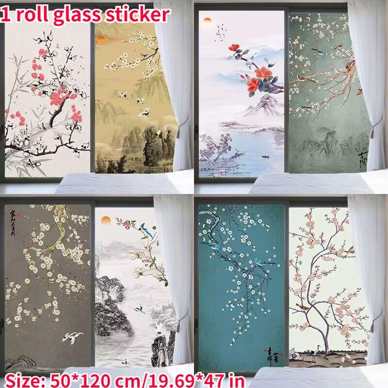 Frosted Stained Privacy Window Films Static Glass Sticker Flower Bird Pattern