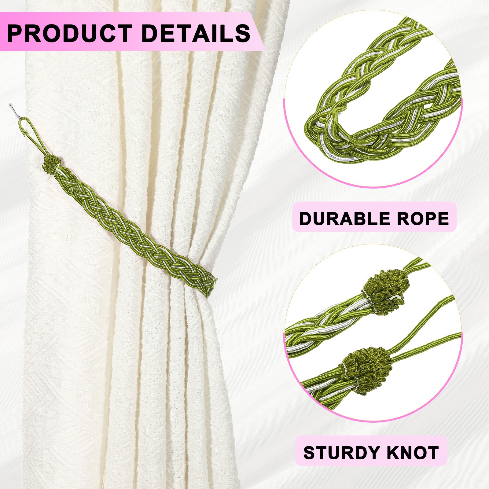 4 Pcs Curtain Tiebacks, 56cm/22″ Braided Drapery Holdback, Olive Green