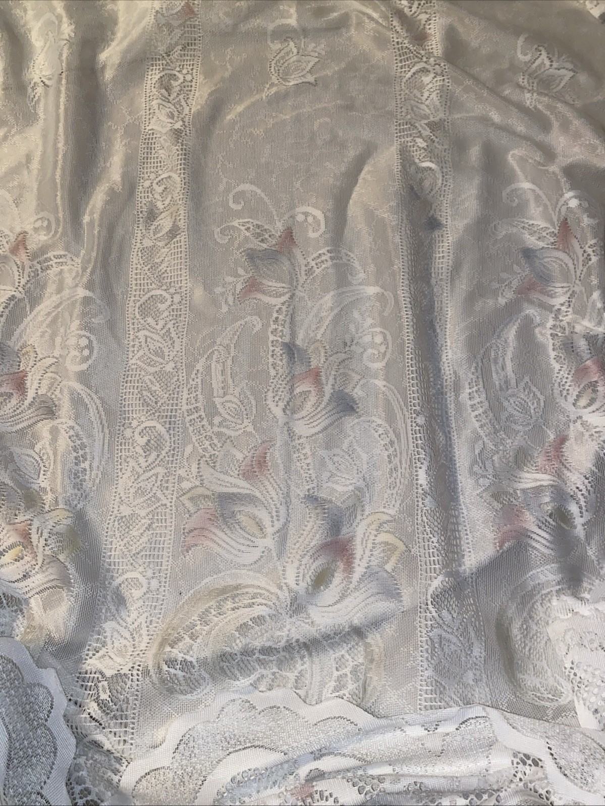 Lace Curtain Panel Scalloped Bottom Edge Pink And Blue Accents
