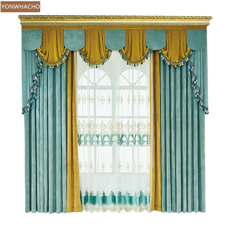 thick velvet stitching blue yellow cloth blackout curtain valance drape B660*