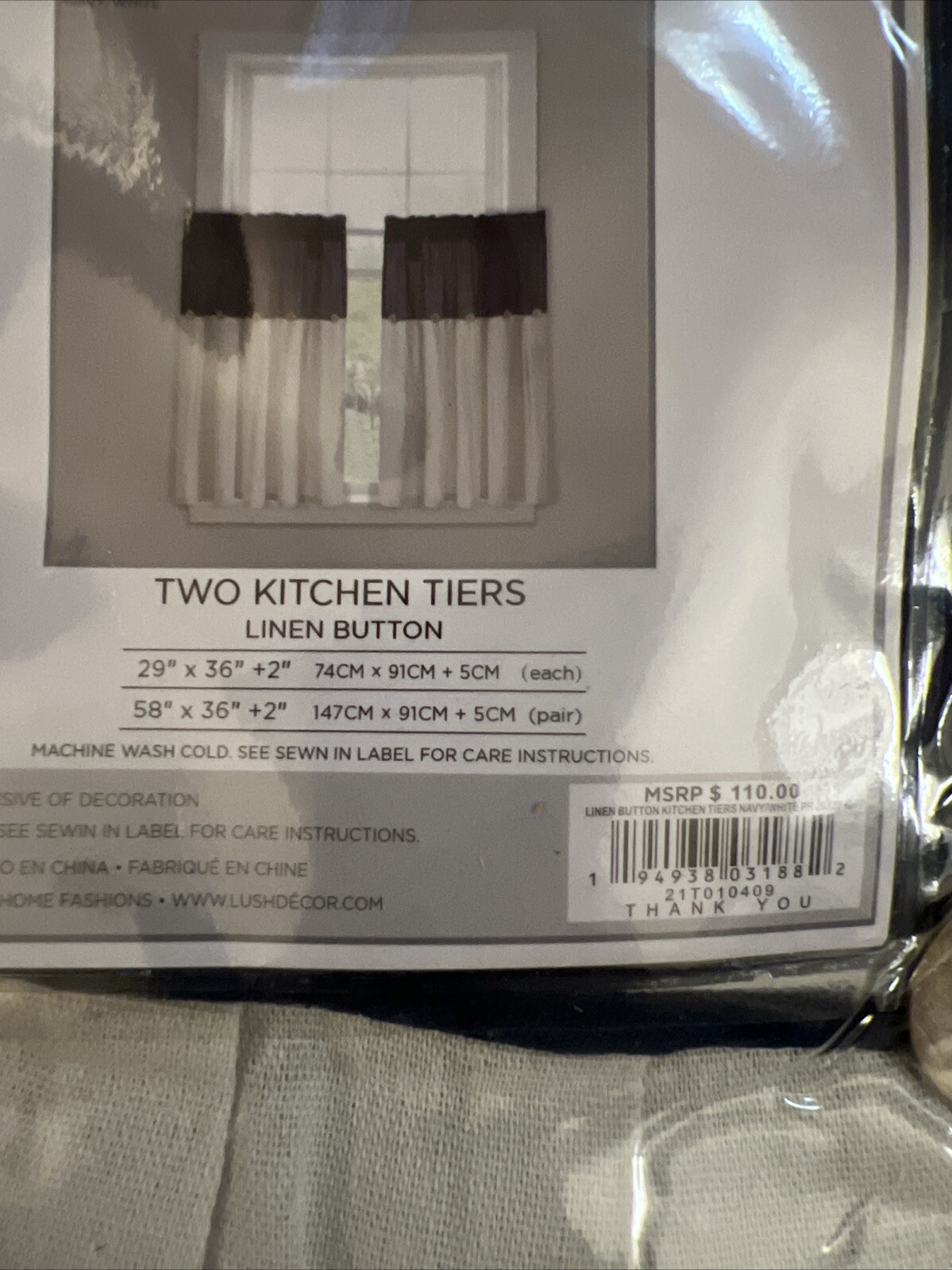 Lush Décor Two Kitchen Tiers Linen Button 29x36in Each Navy
