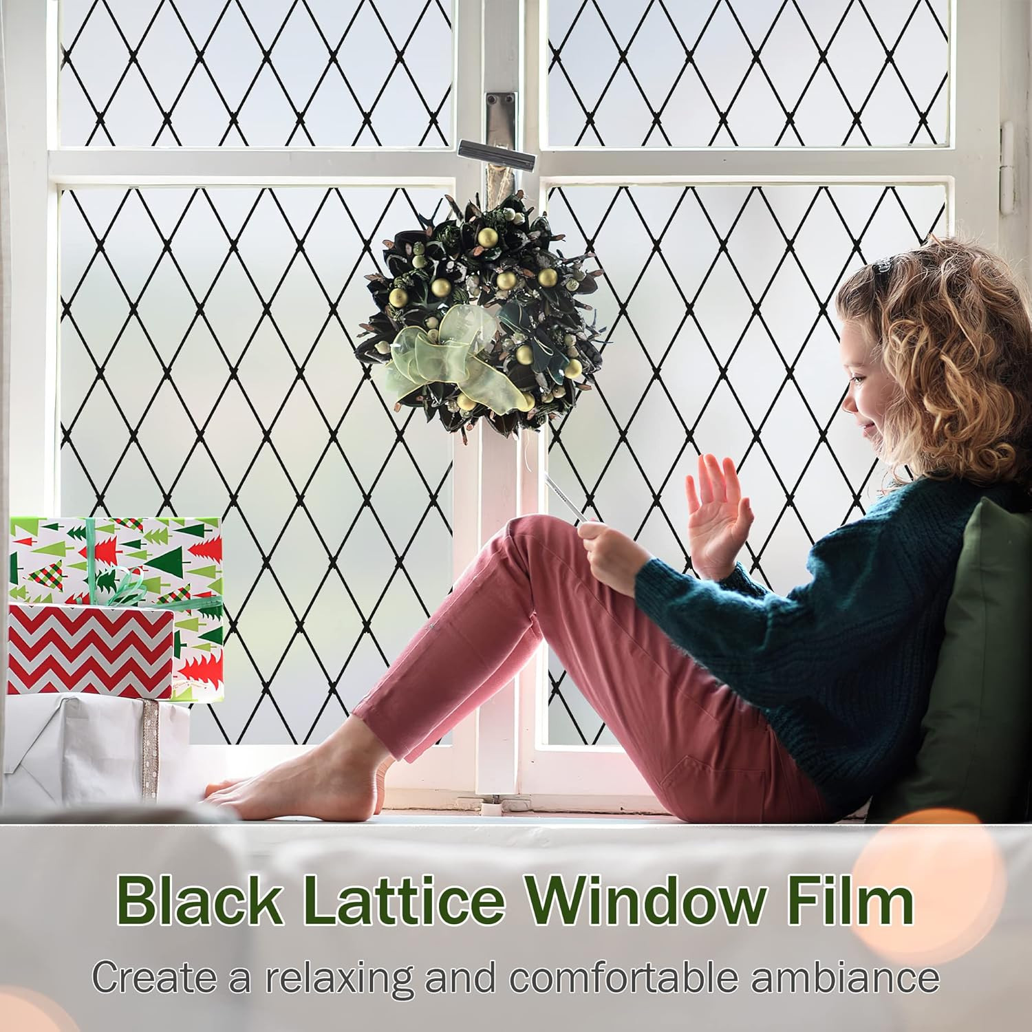 VELIMAX Frosted Black Lattice Window Film Static Cling Window Privacy Films Deco