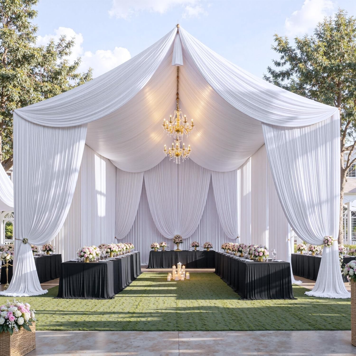 50ft×20ft White Ceiling Curtain Drapes for Weddings Parties, Wrinkle Free Polyes