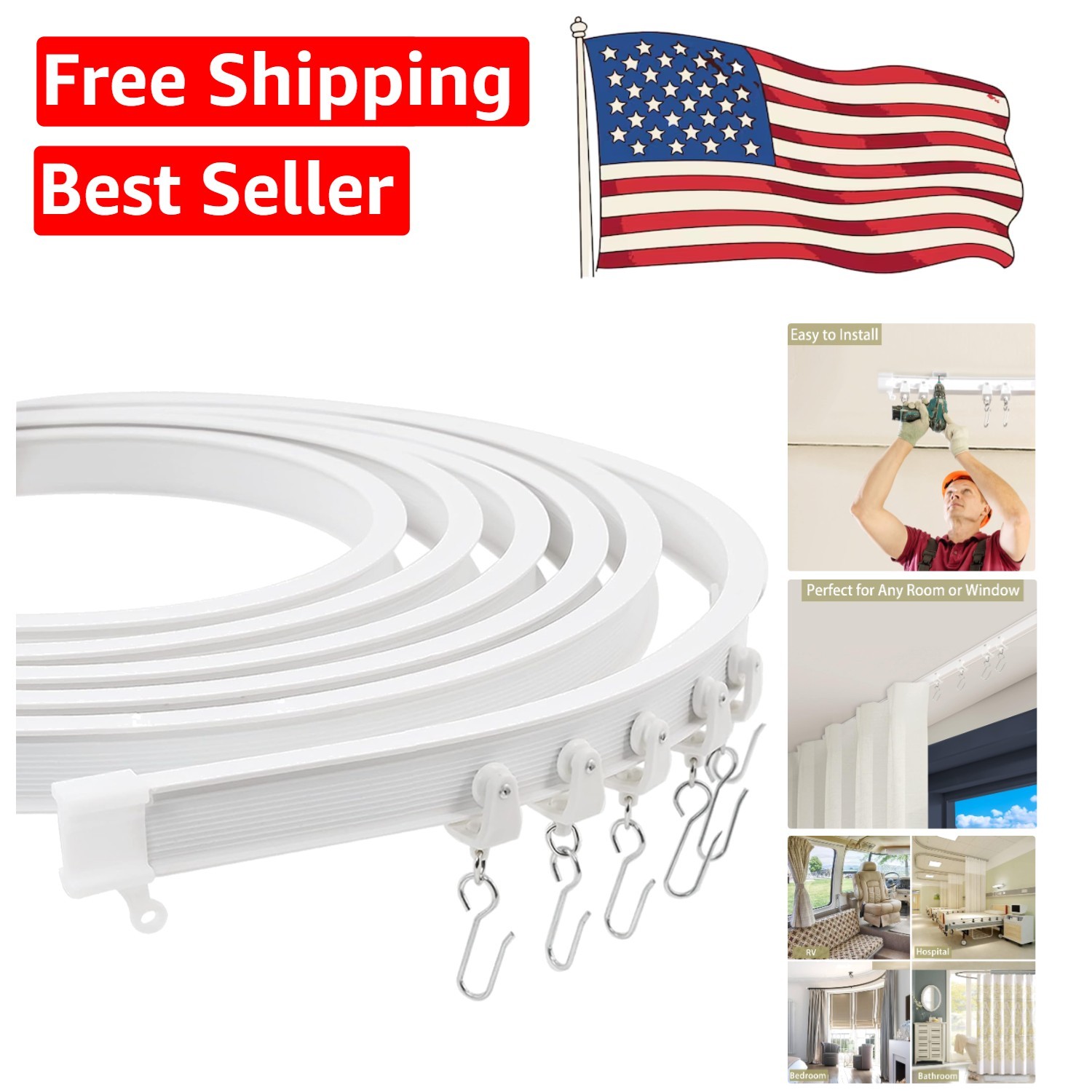 Customizable Ceiling Curtain Track, Smooth Gliding for Shower or Room Dividers