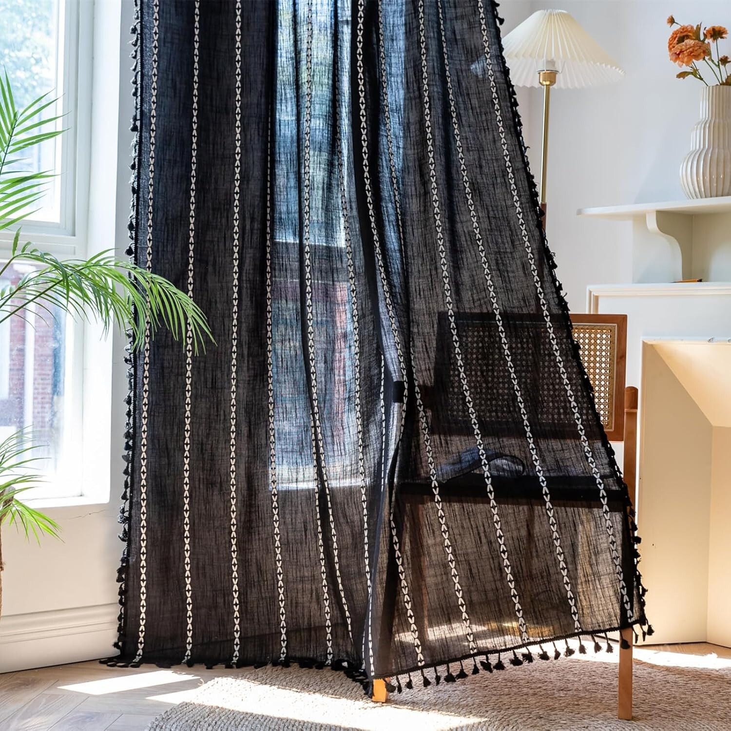 Rustic Striped Embroidered Curtain Window Drapes Panel Farmhouse Boho Home Decor