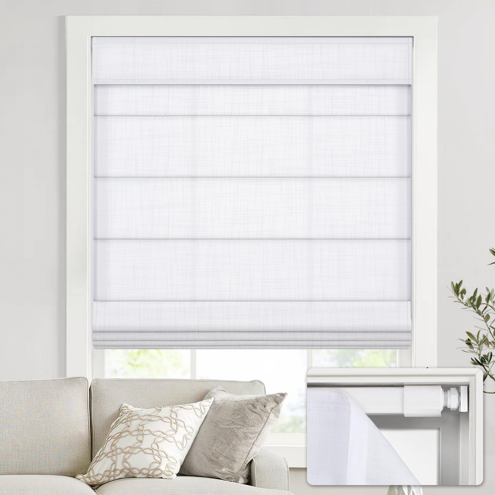 White Fabric Roman Shade 31″W x 64″HLight Filtering Cordless Window Frame Mount