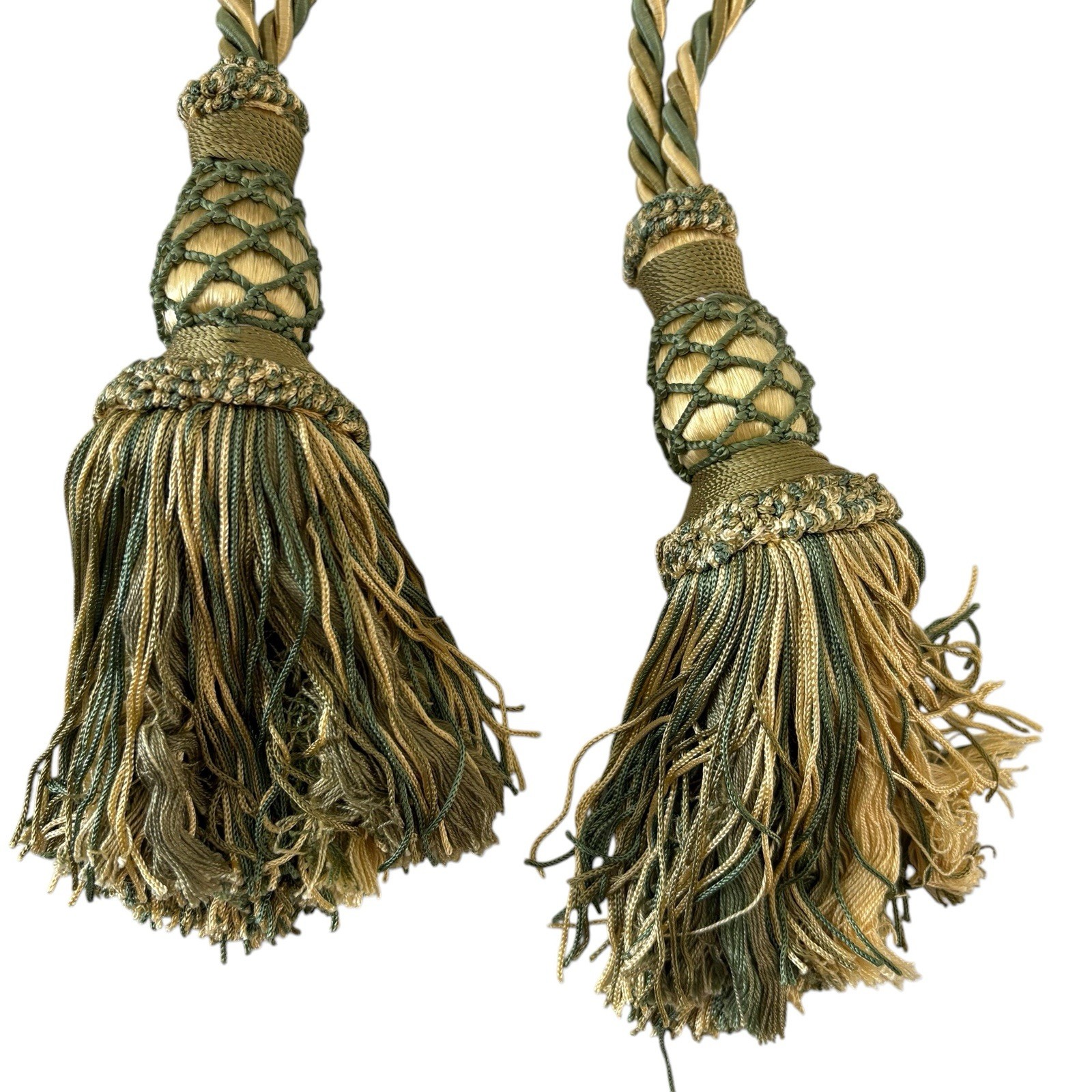 2 Decopro Drapery Curtain Tiebacks Green & Gold Woven Braided Knot Tassels