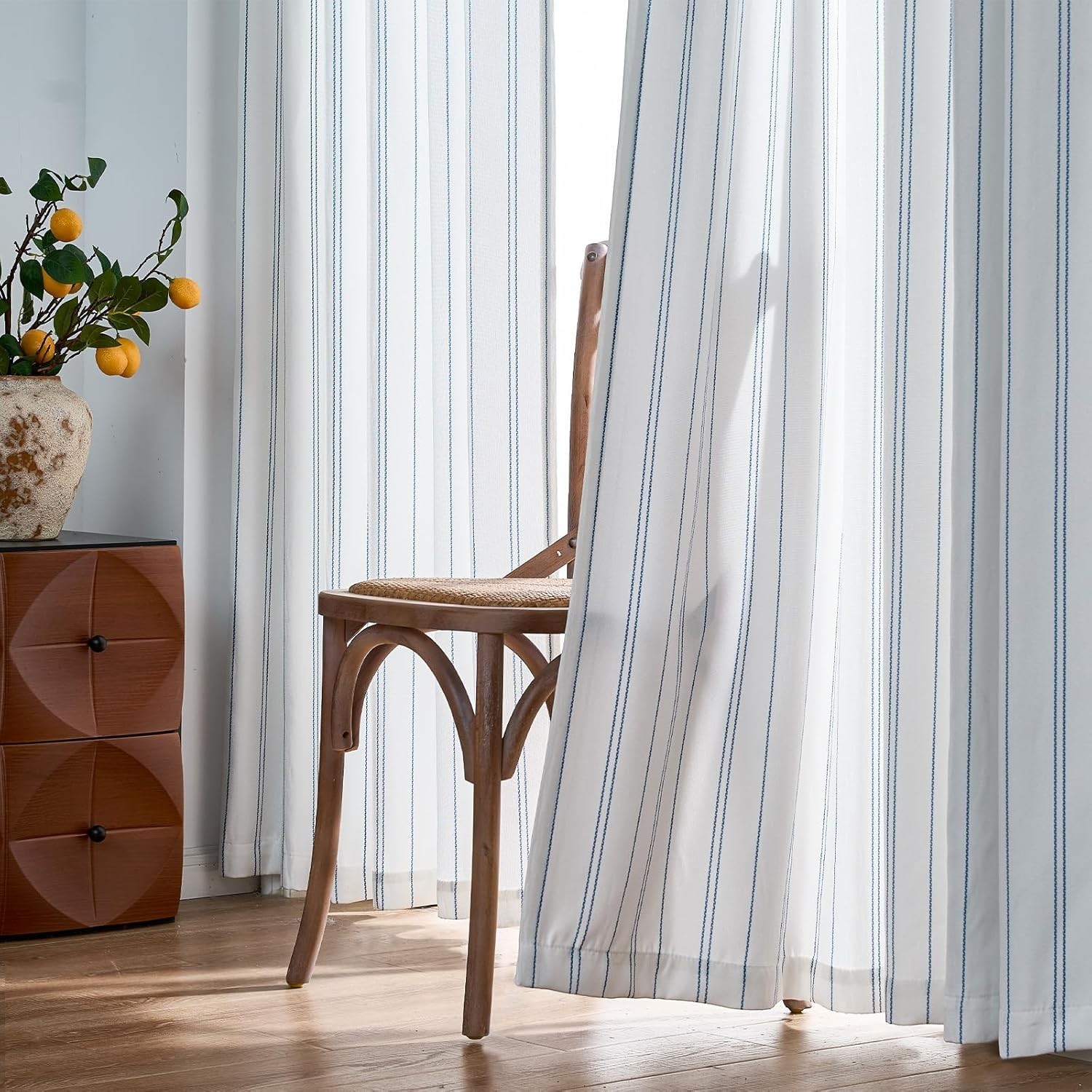 White & Blue Striped Curtains, 84″ Length – Stylish Window Treatment Pack of 2