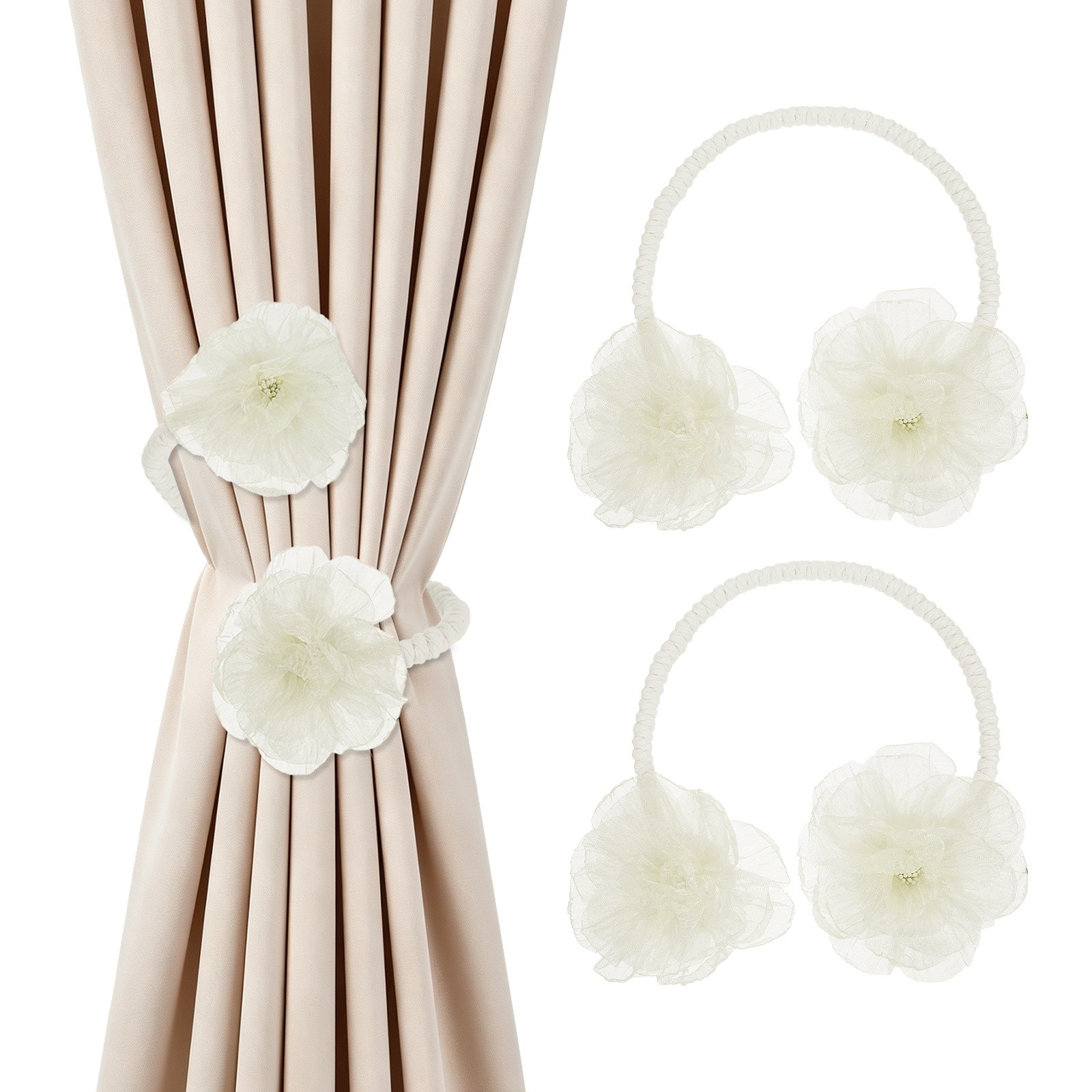 2Pcs Flower Curtain Tiebacks, 2 Flower 45cm Twist Holdbacks Clip, White