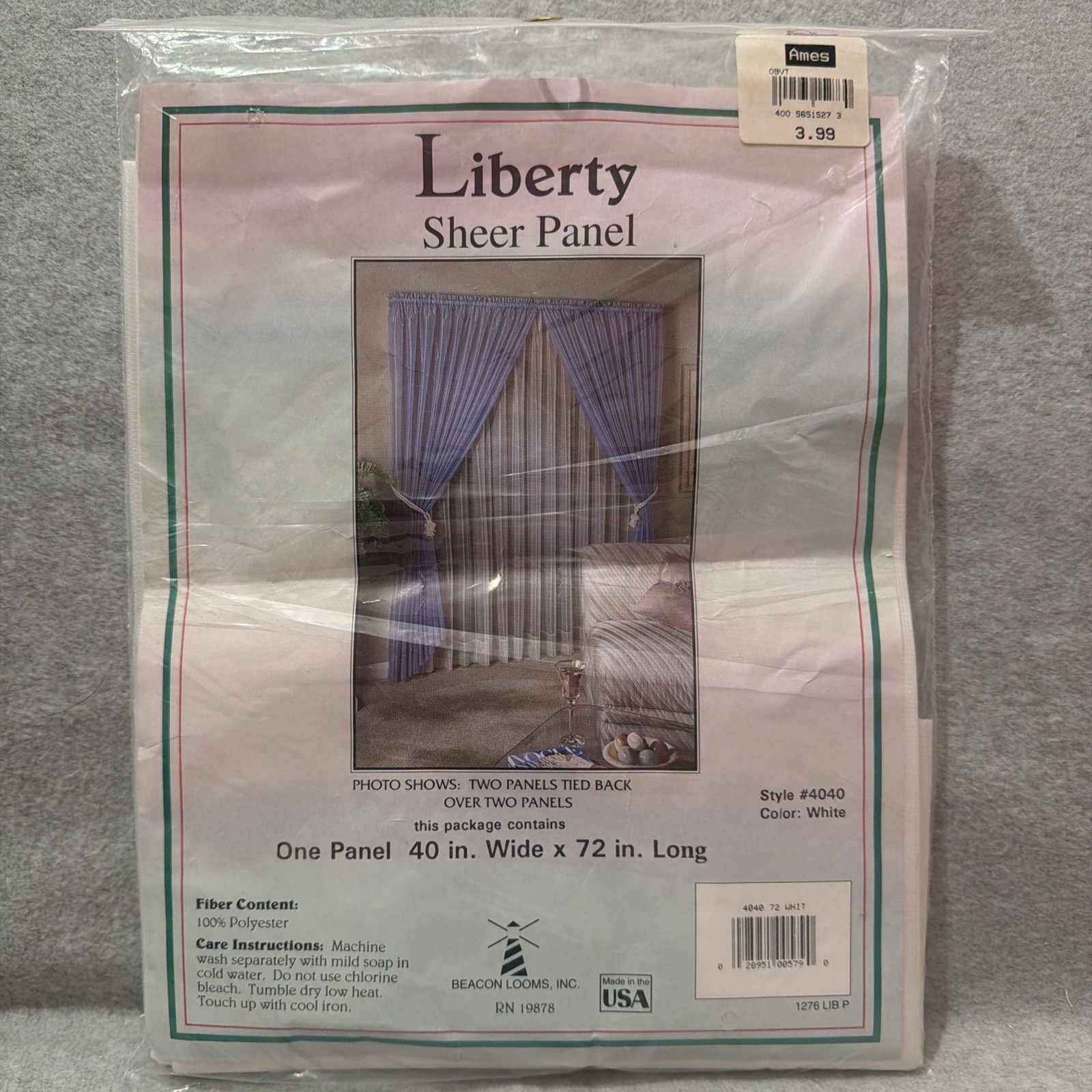 vtg Liberty Sheer Curtain ONE panel white 40 inches by 72 inches 1980s NEW