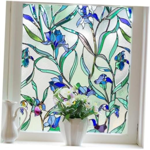 Stained Glass Window Privacy Film, 3D Decorative Window 17.5 x 39.4 Inch Blue