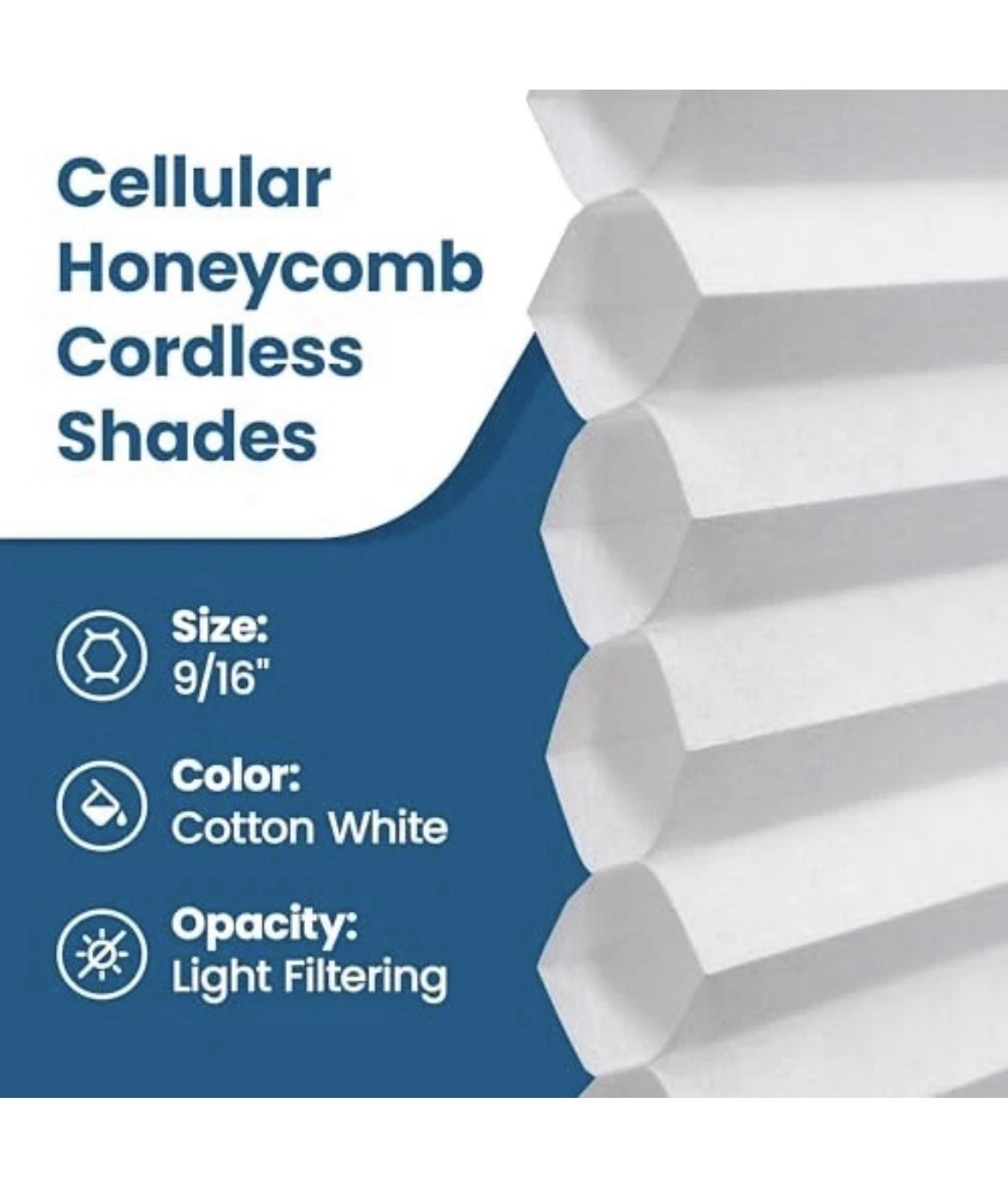 Cellular Honeycomb Cordless Shade, 9/16″ Single Cell Light 23″W x 72″H White New