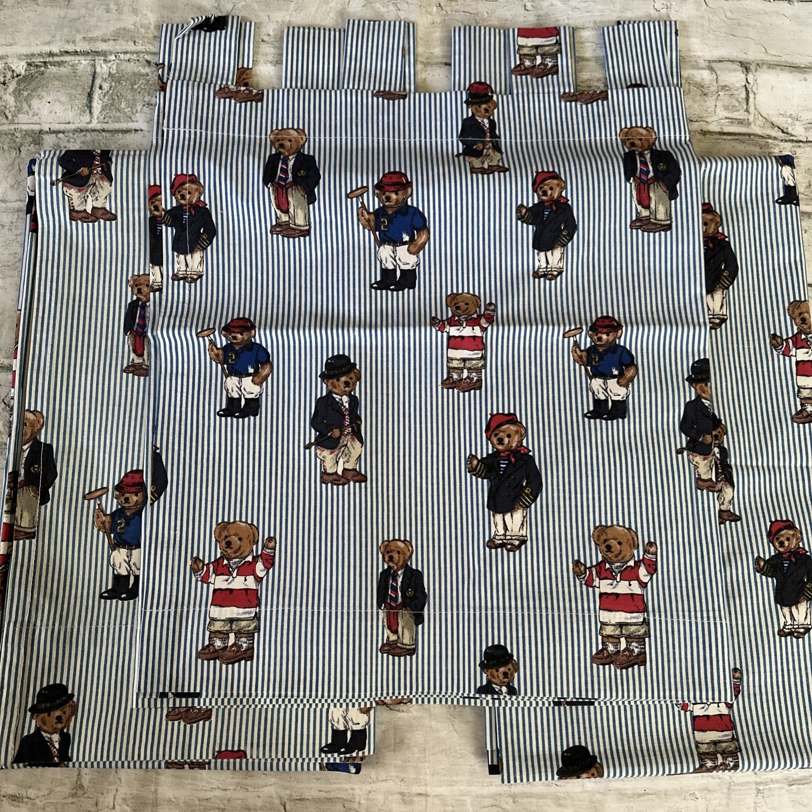 Ralph Lauren Polo Teddy Bear Stripe 2PC Window Panels & 1PC Valance 3PC Set