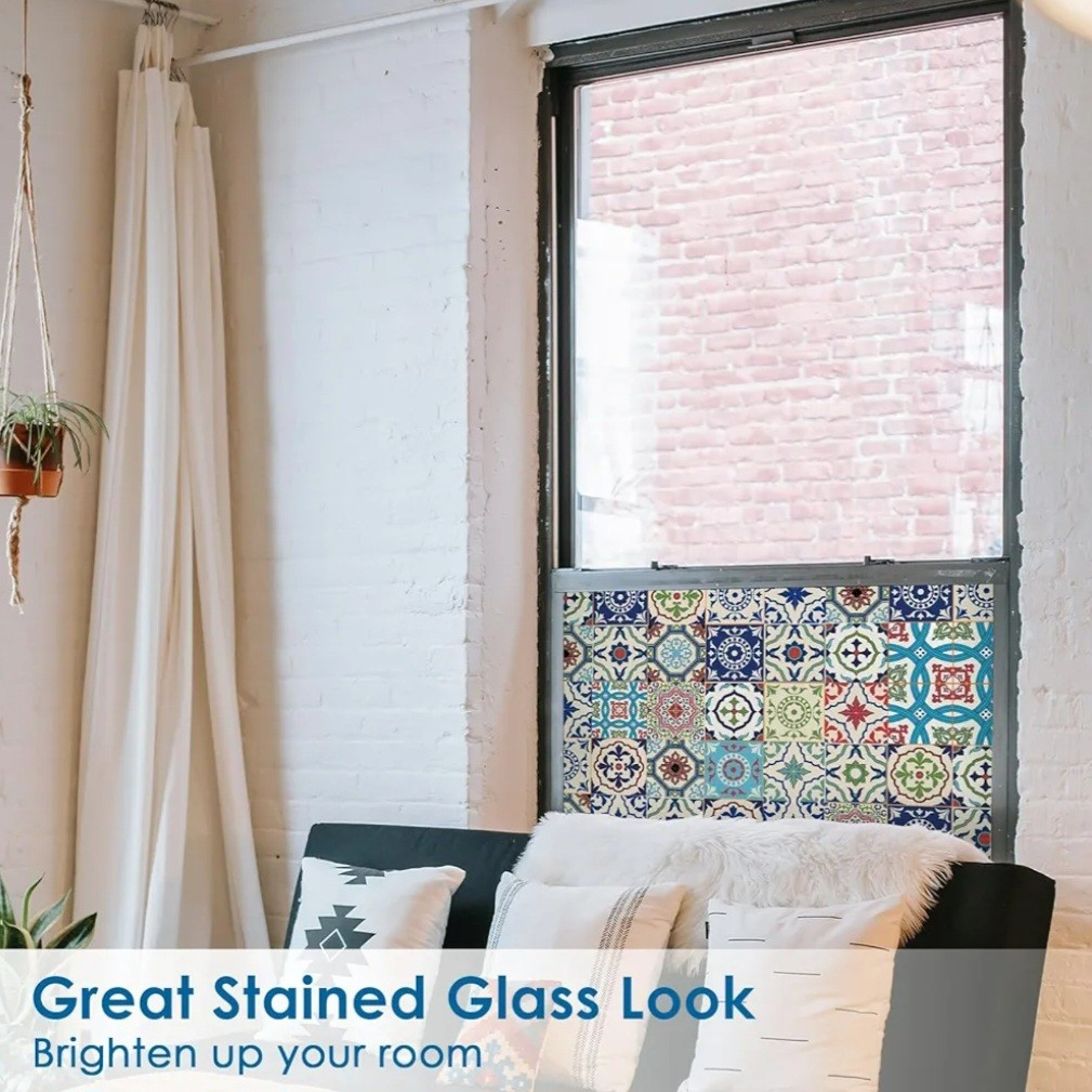 Window Film Talavera Style Stained Glass Static Cling, With Tools, 17.7″ x 78.7″