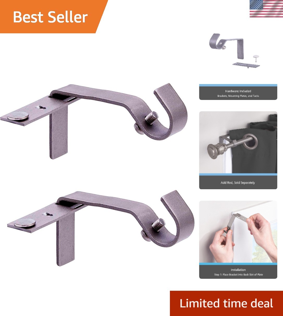Modern Pewter No Measure Curtain Rod Brackets – Quick Setup for Stylish Windows