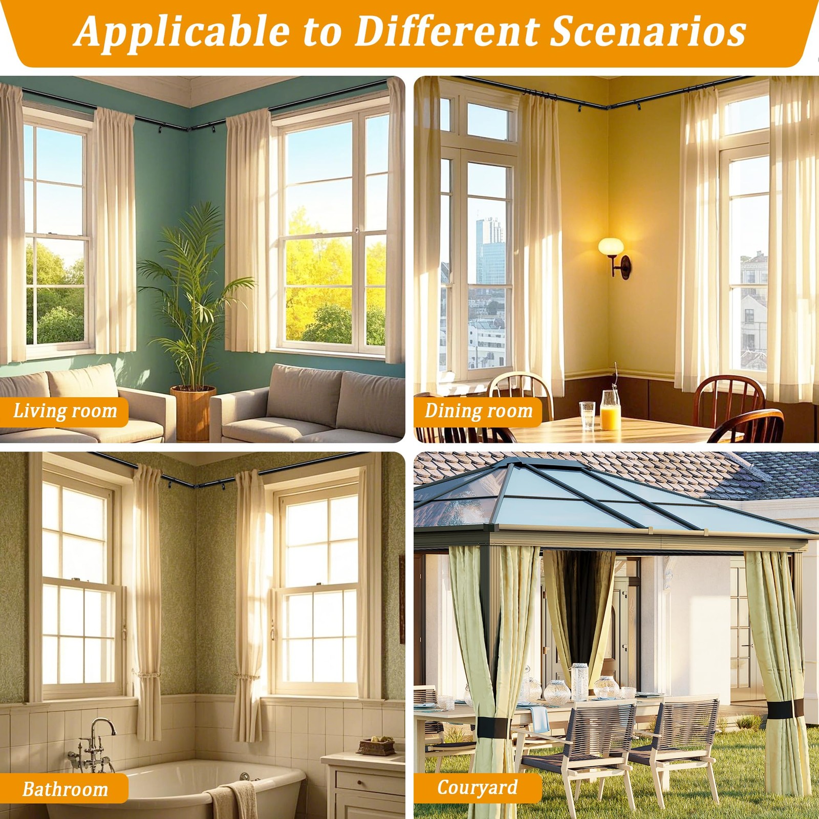 Black Corner Window Curtain Rods L Shape Curved 30 To 136 Inch Adjustable
